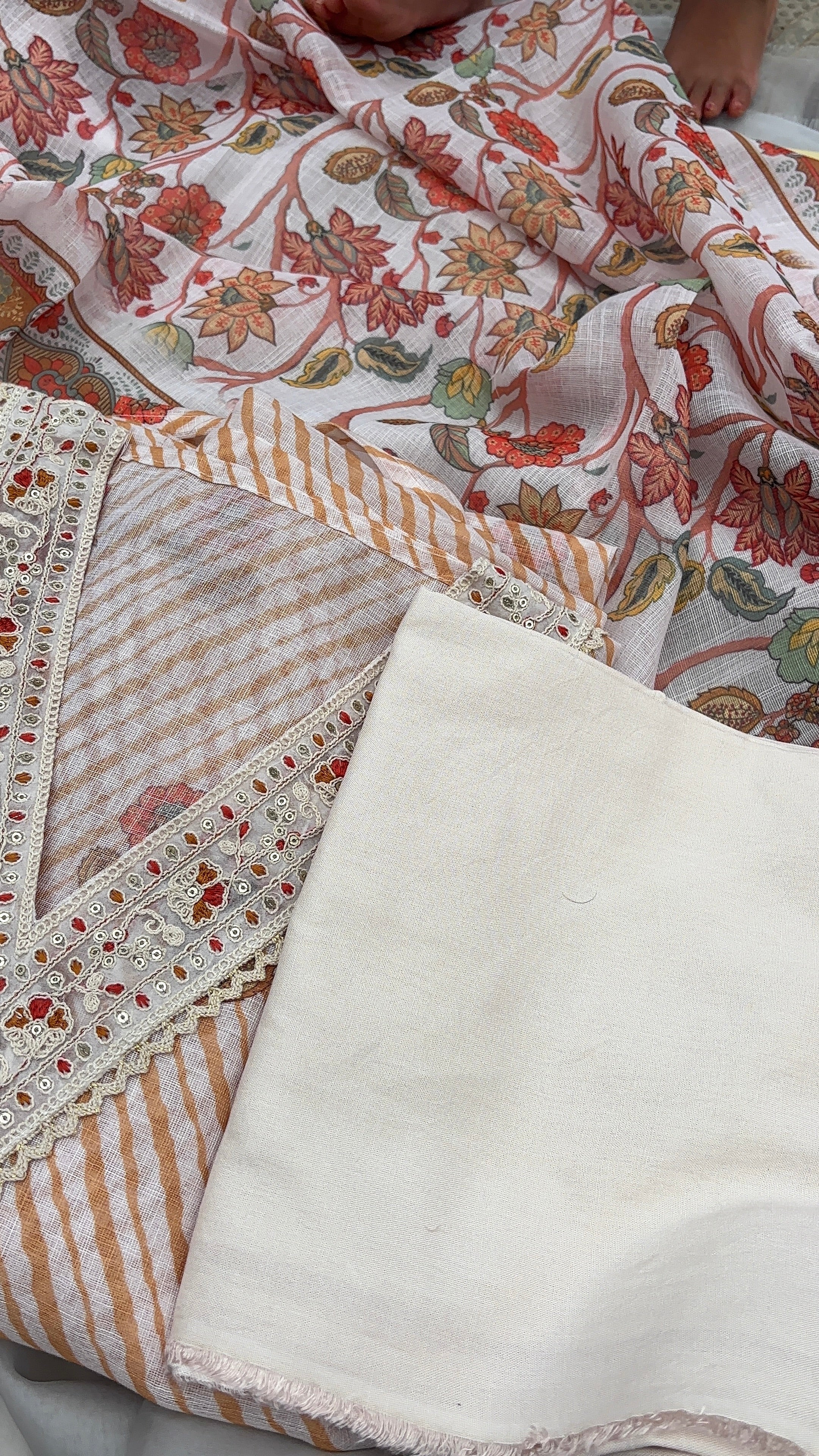 Half white Linen Cotton Semi stitched salwar set