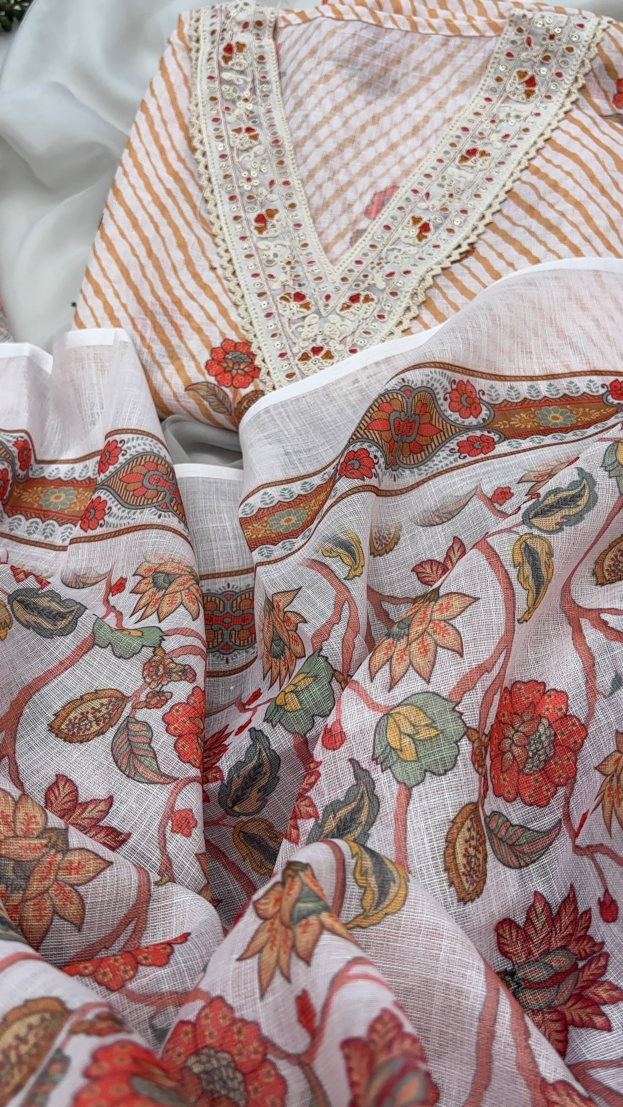 Half white Linen Cotton Semi stitched salwar set