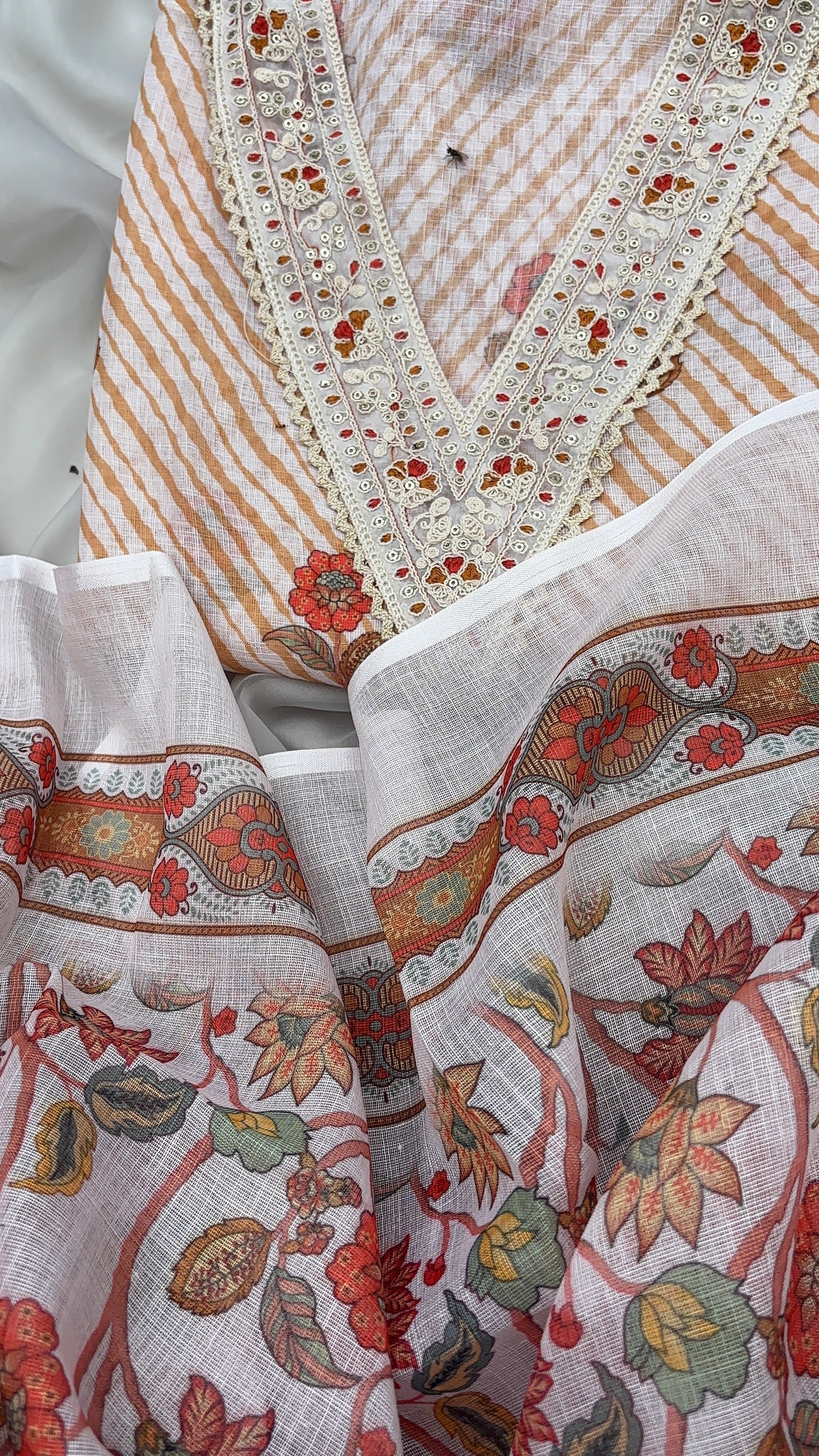 Half white Linen Cotton Semi stitched salwar set
