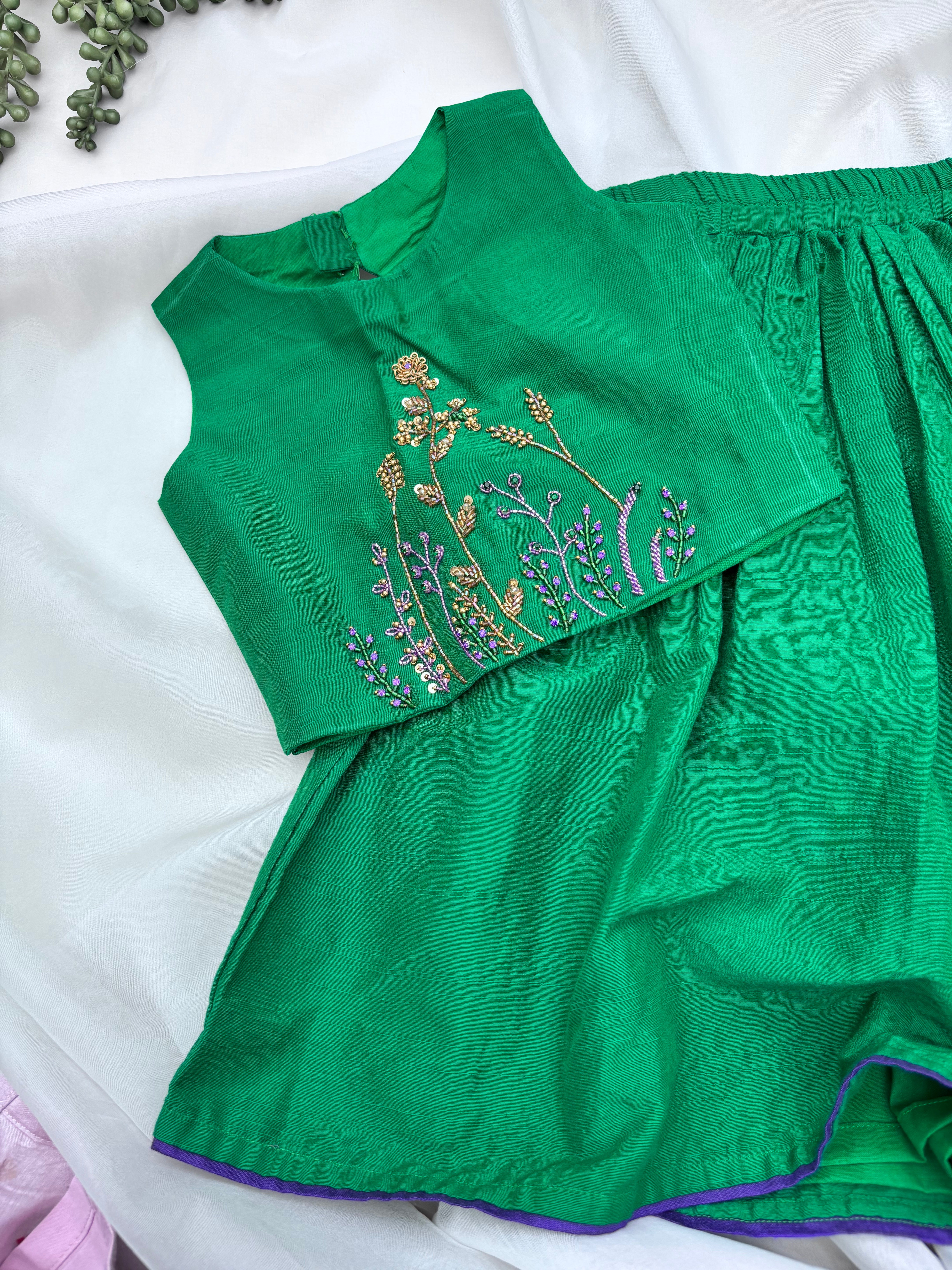 Green Raw Silk Embroidery Skirt & Top