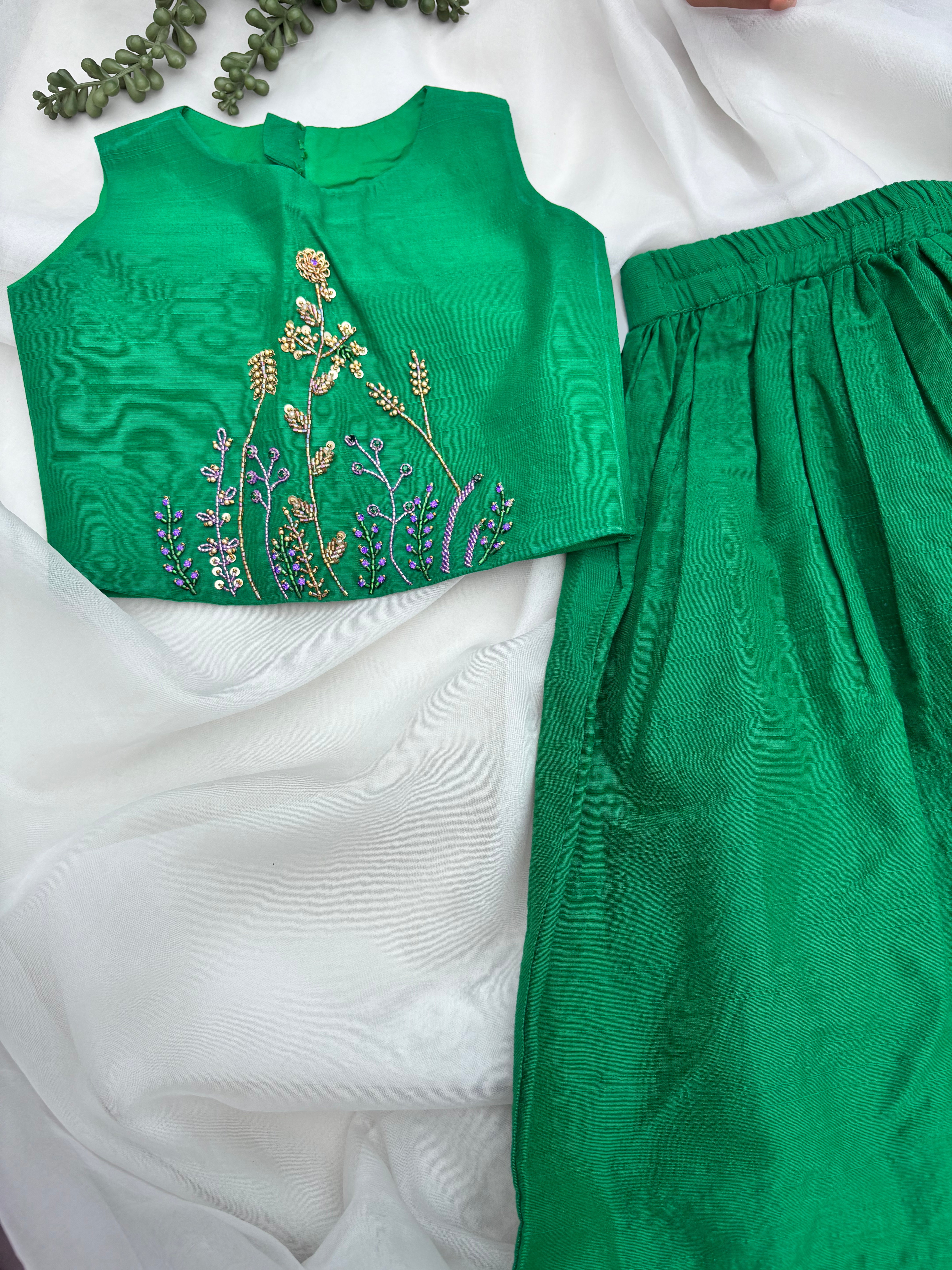 Green Raw Silk Embroidery Skirt & Top