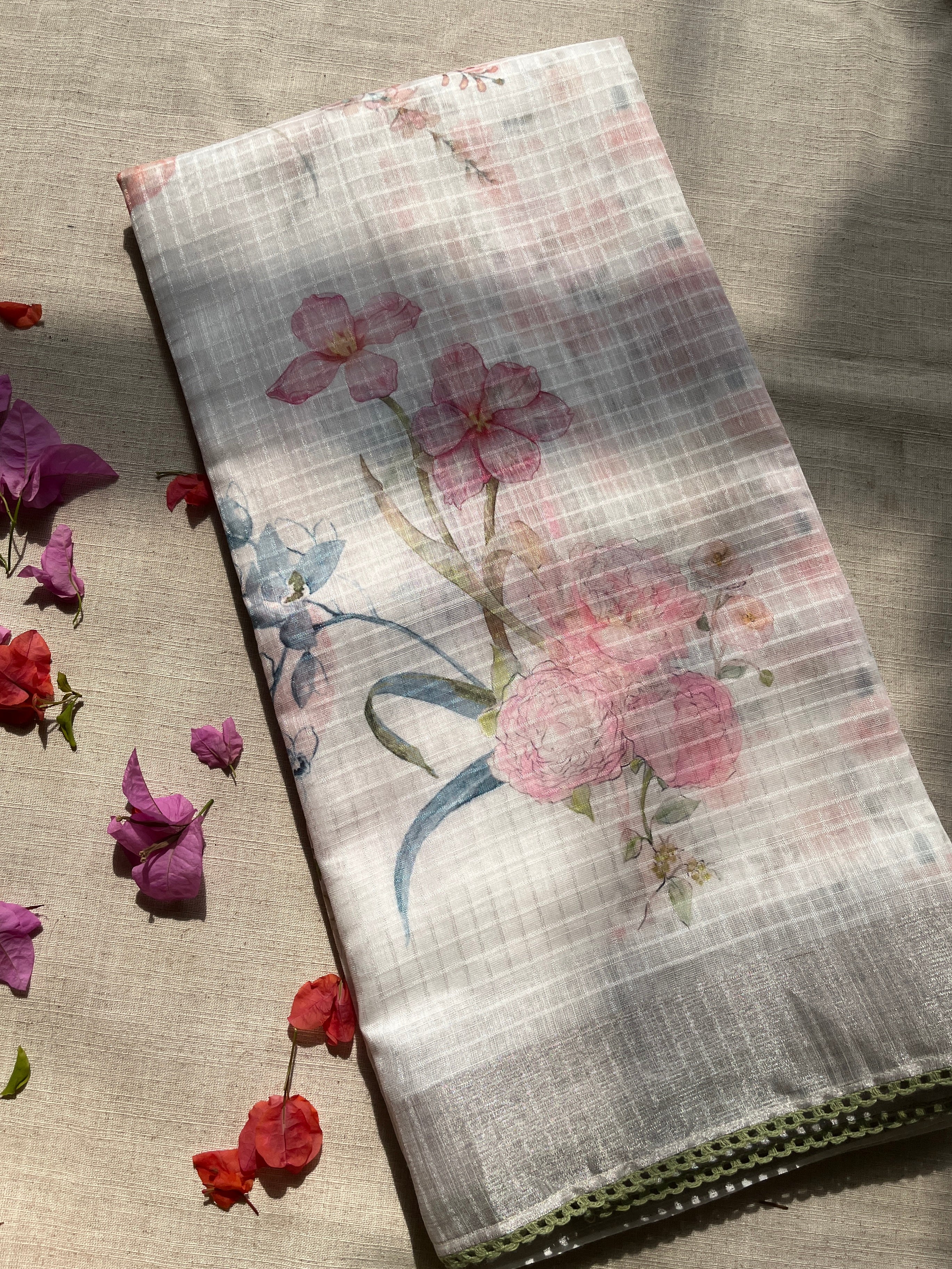 White linen cotton blend with Green Lace Saree