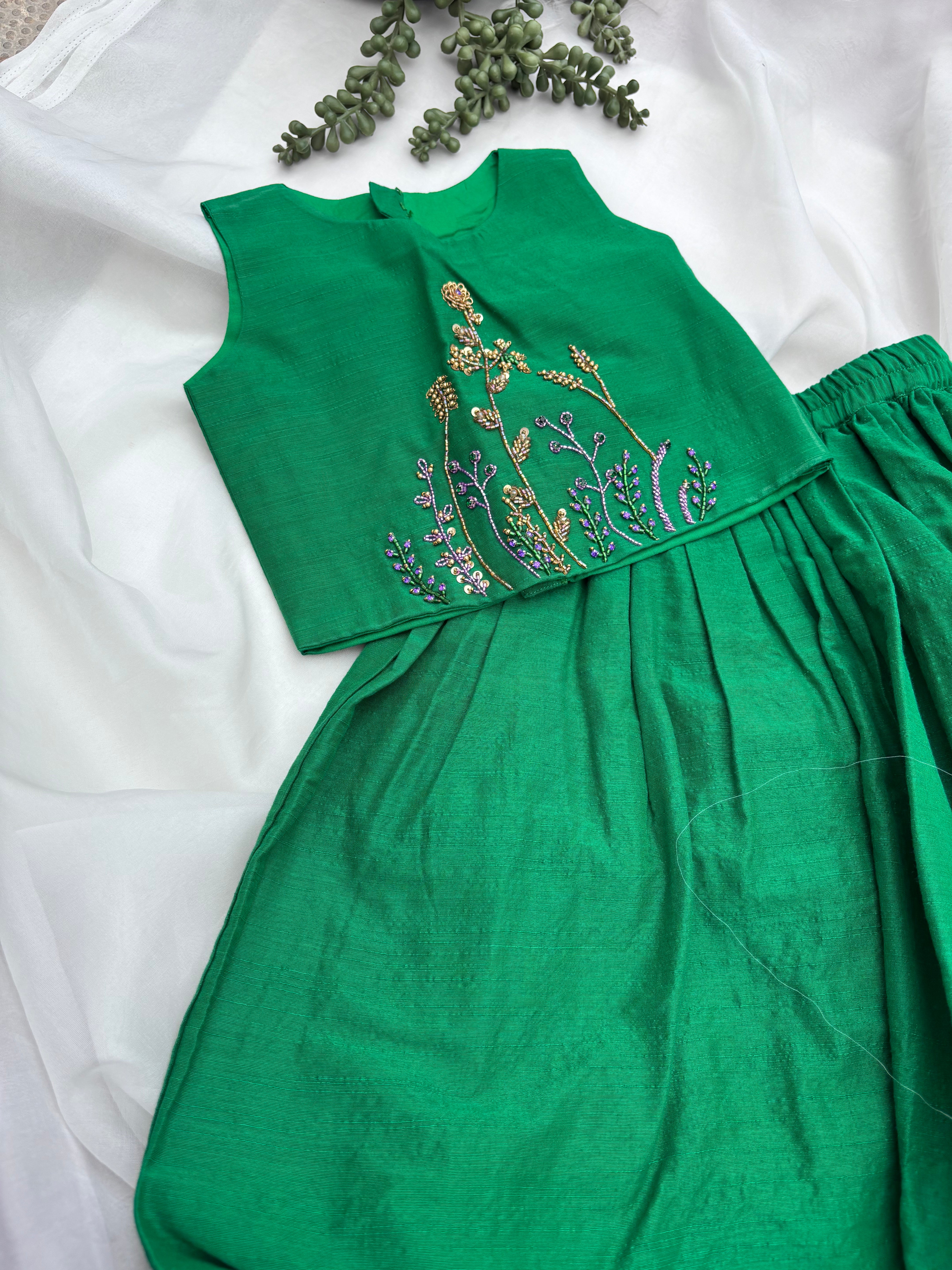 Green Raw Silk Embroidery Skirt & Top