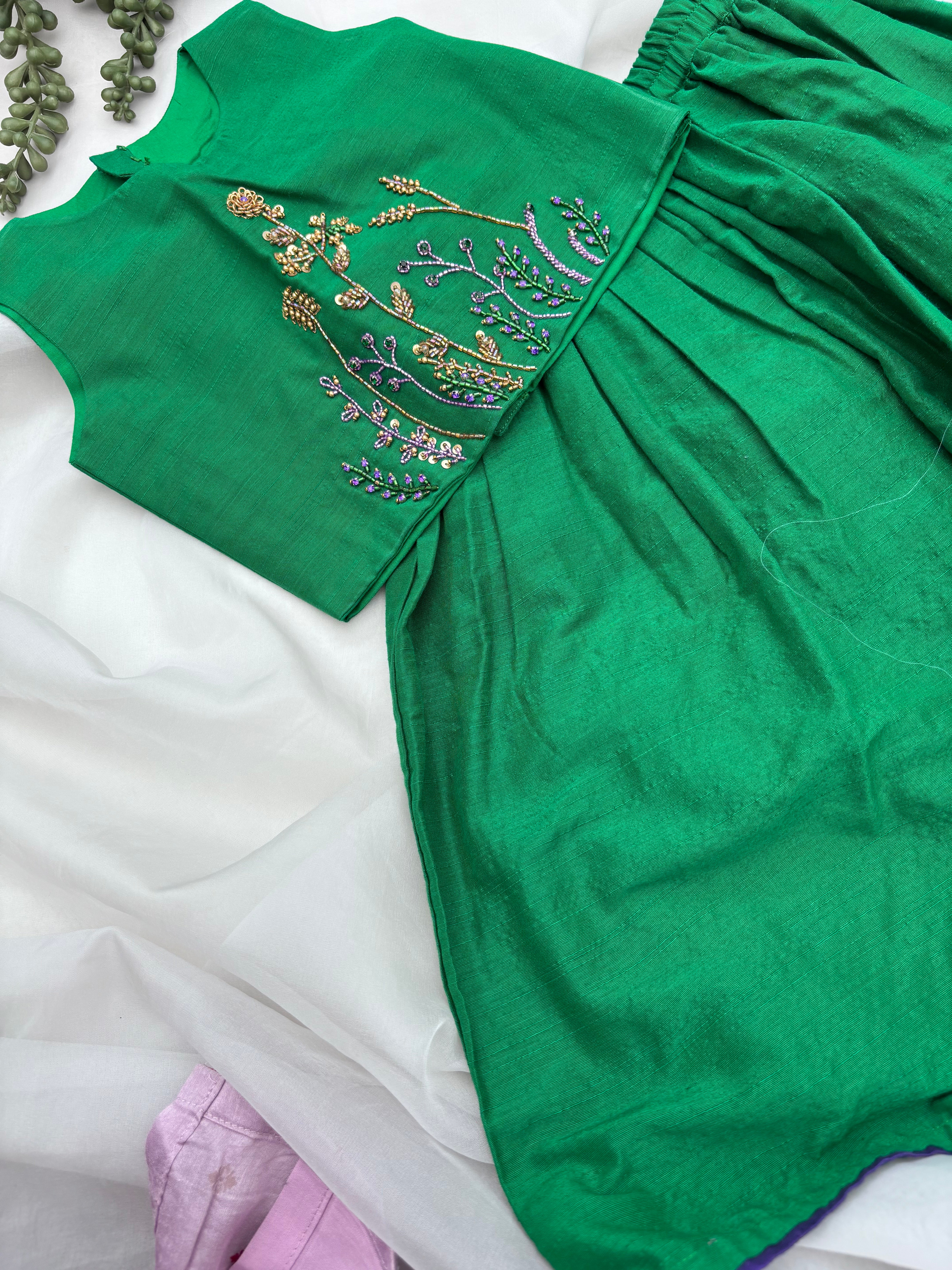 Green Raw Silk Embroidery Skirt & Top