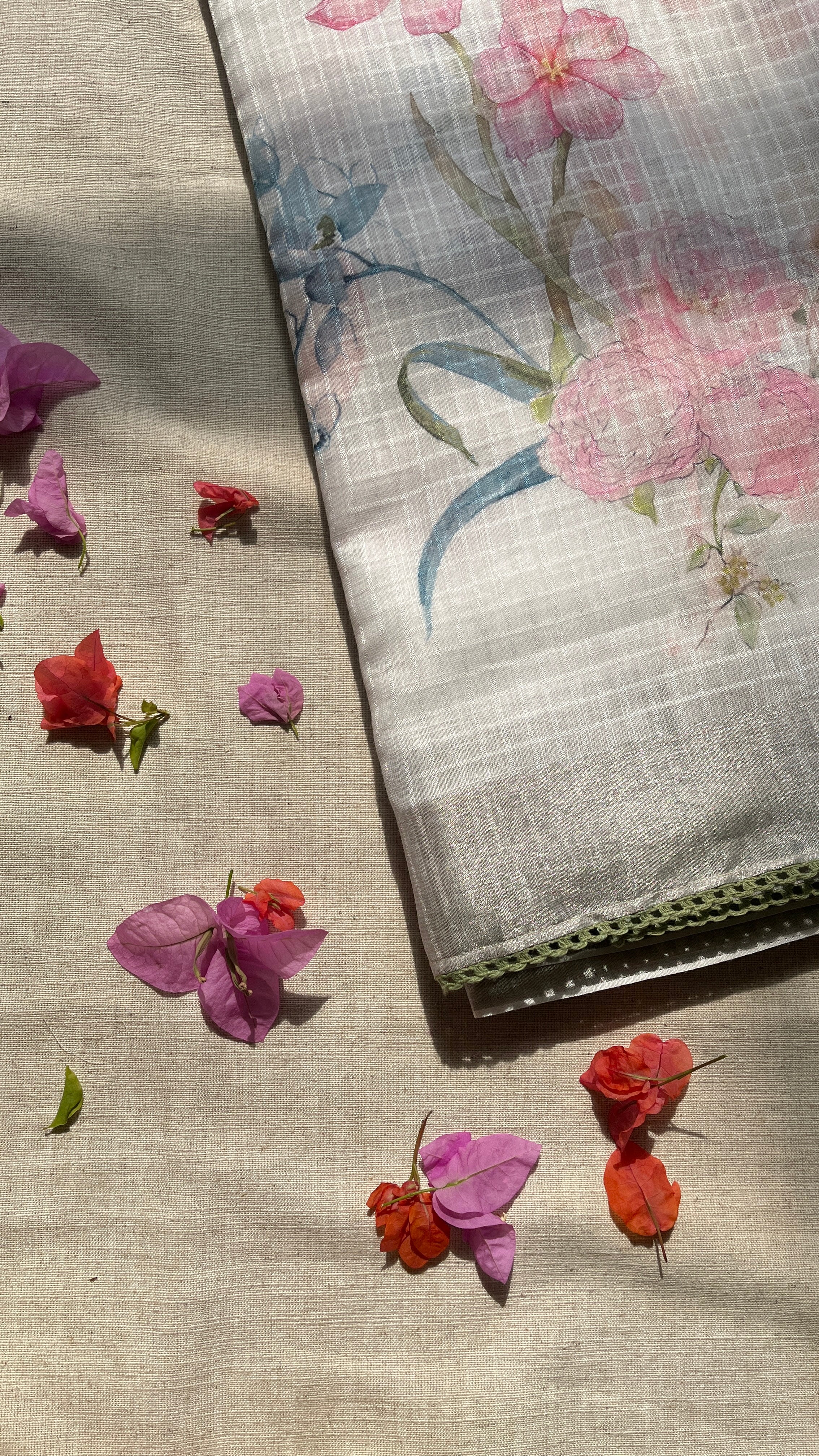 White linen cotton blend with Green Lace Saree