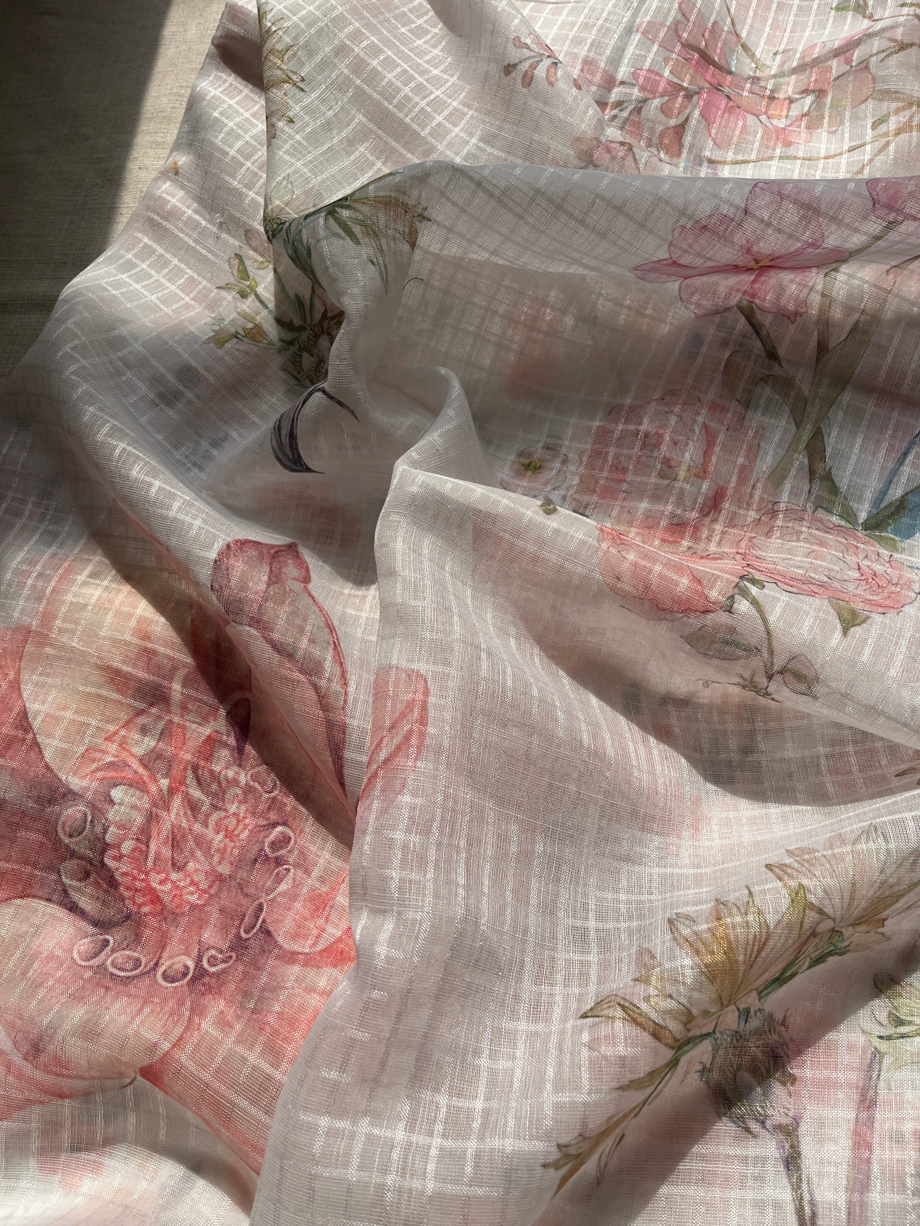 White linen cotton blend with Green Lace Saree