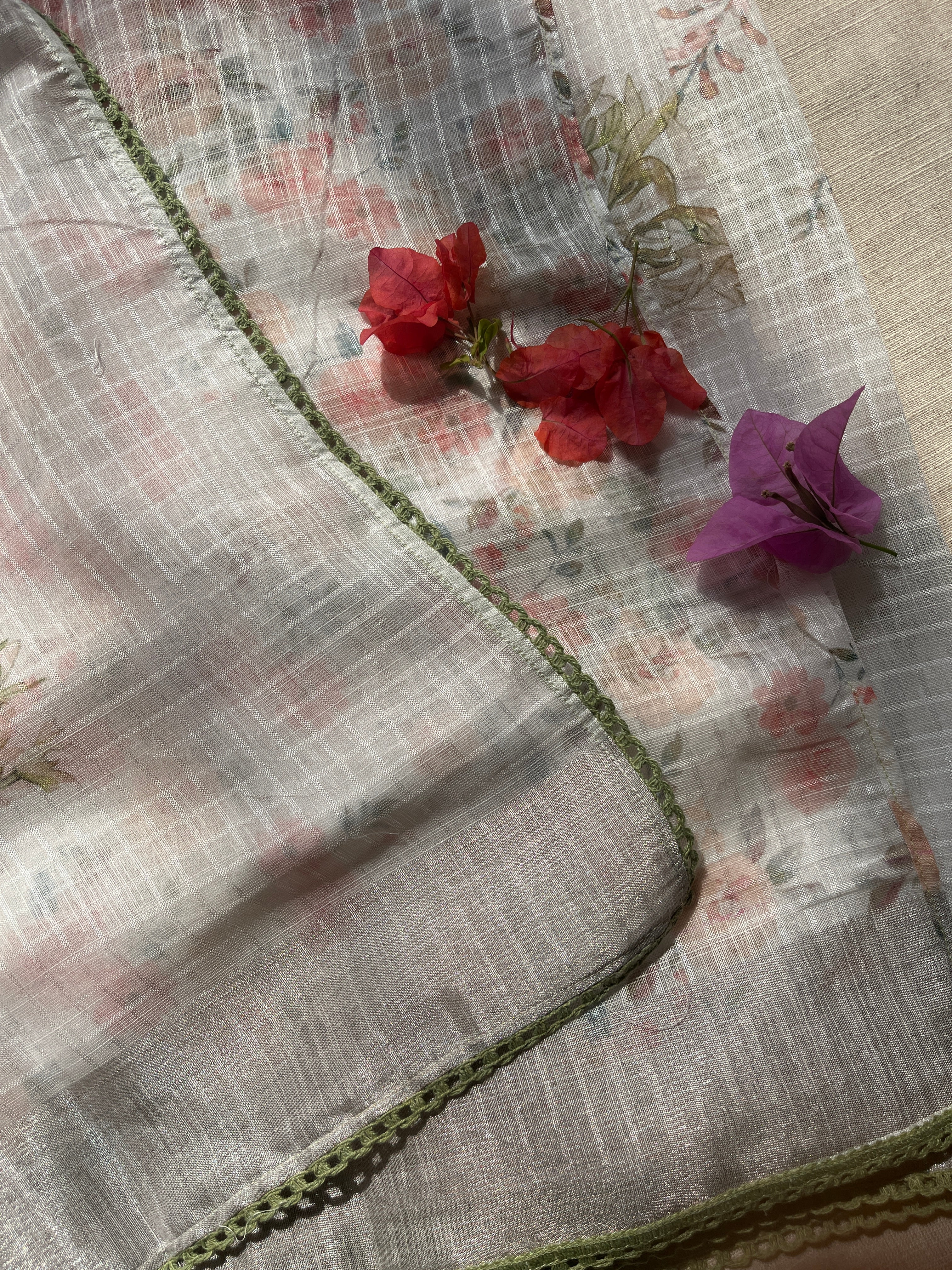 White linen cotton blend with Green Lace Saree