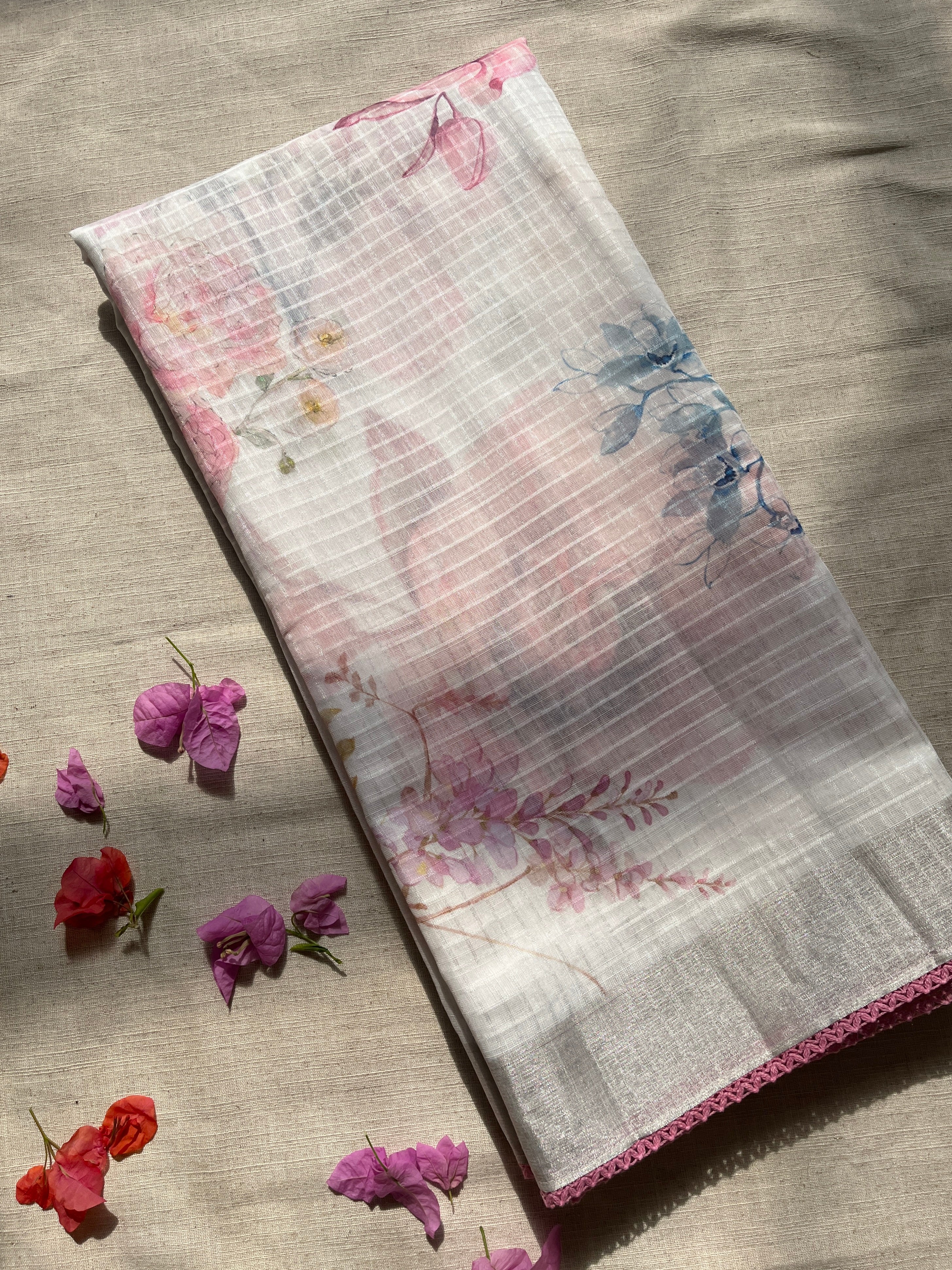 White linen cotton blend with Pink Lace Saree