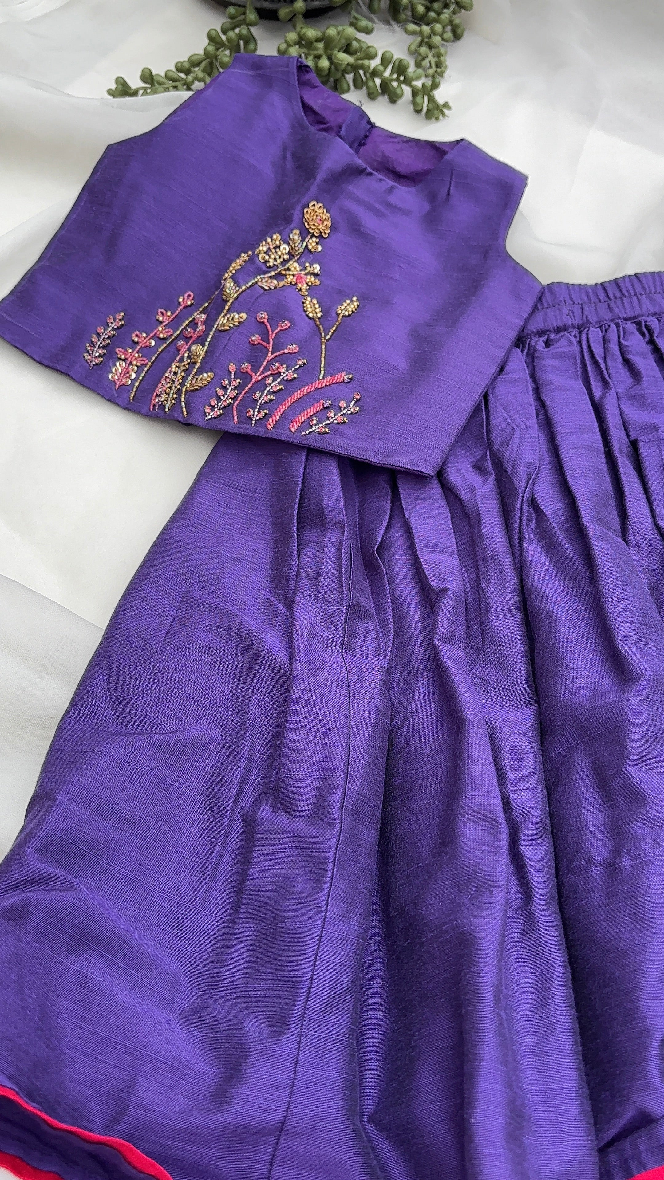 Purple Raw Silk Embroidery Kids Skirt & Top