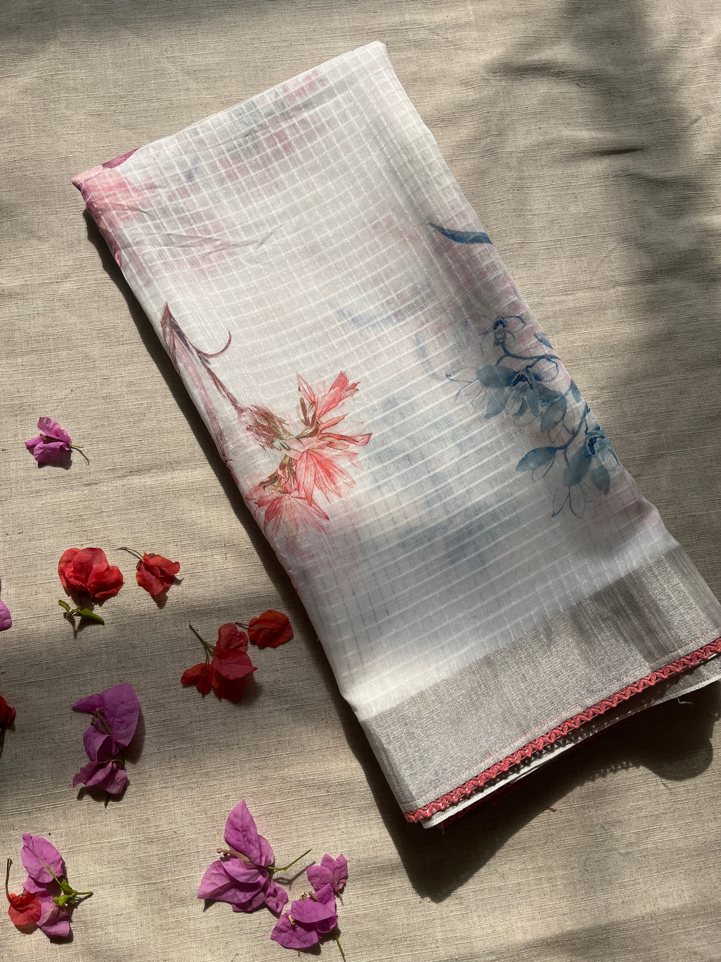 White linen cotton blend with Peach Lace Saree