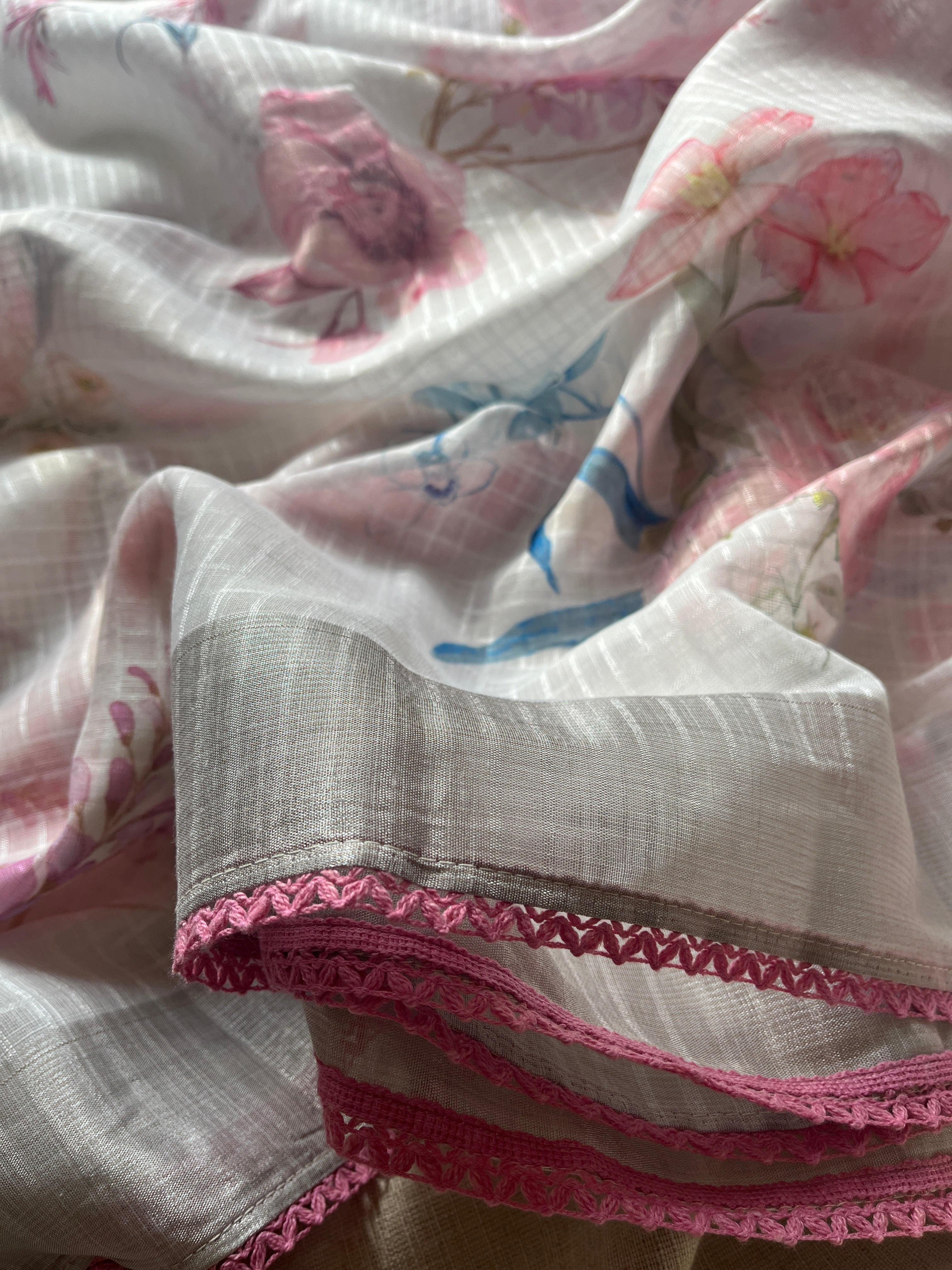 White linen cotton blend with Pink Lace Saree