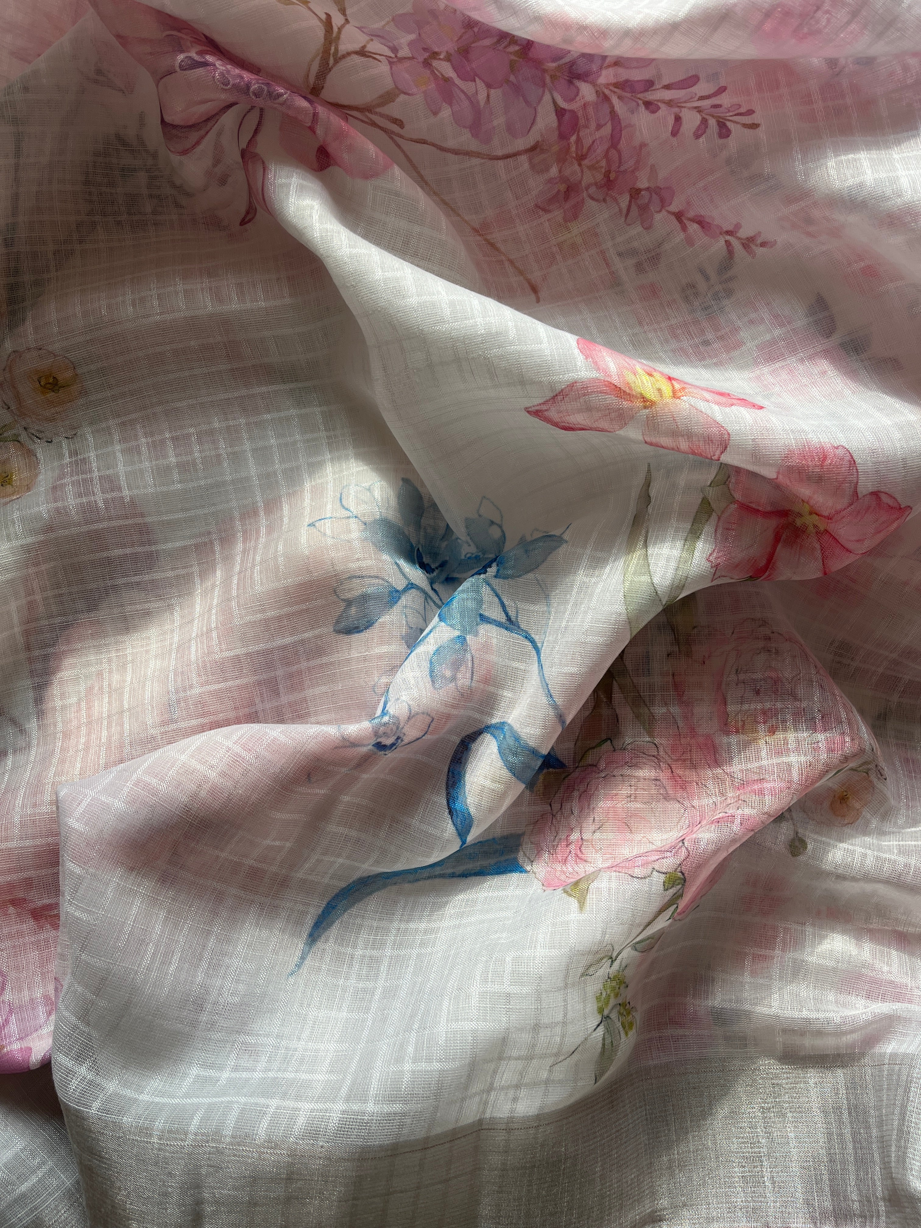 White linen cotton blend with Pink Lace Saree