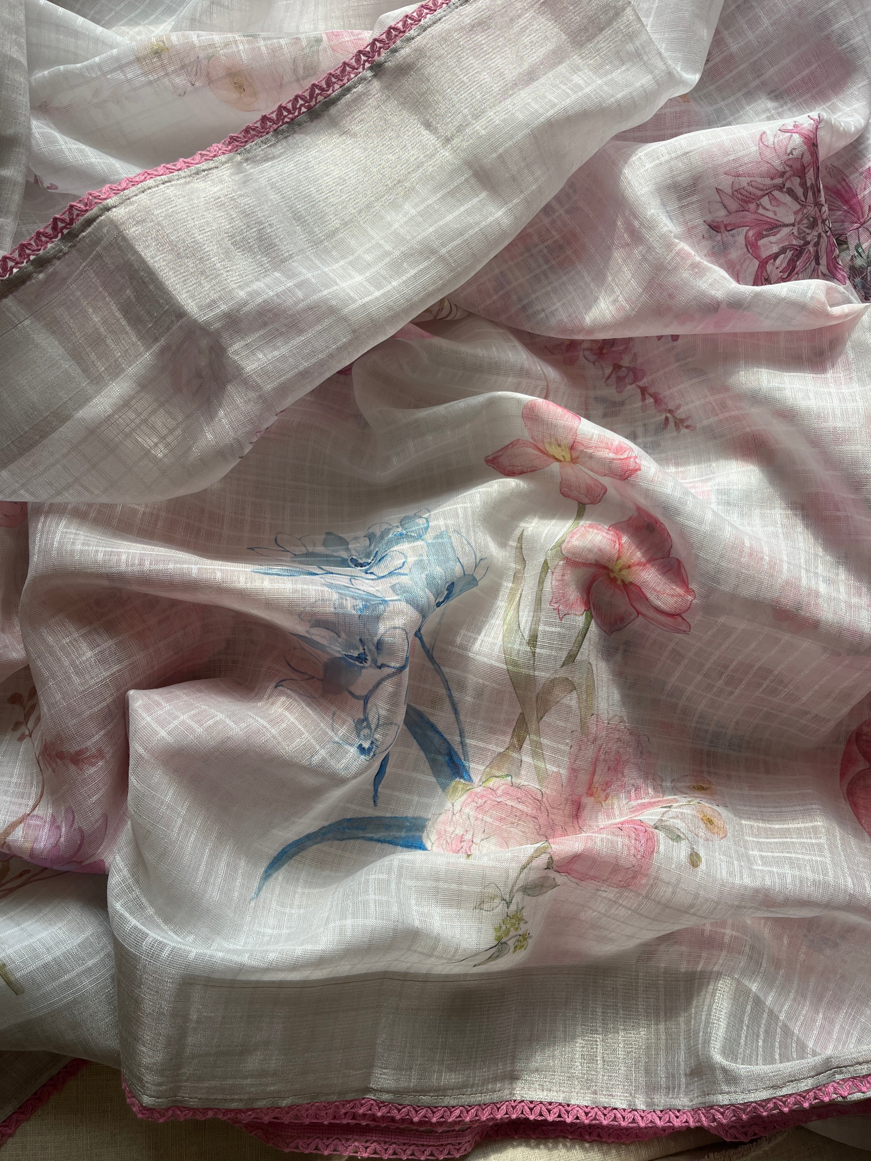 White linen cotton blend with Pink Lace Saree