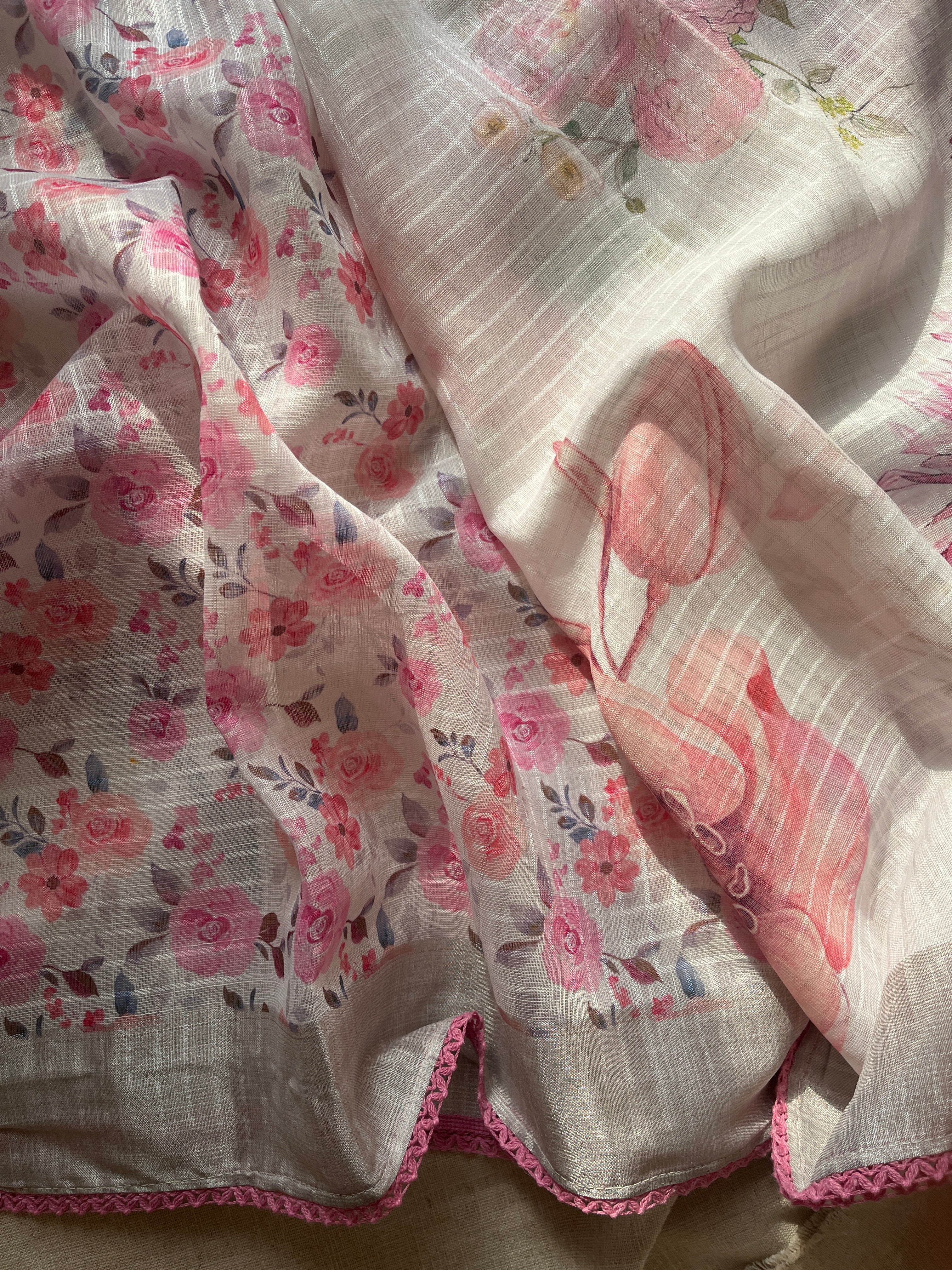 White linen cotton blend with Pink Lace Saree