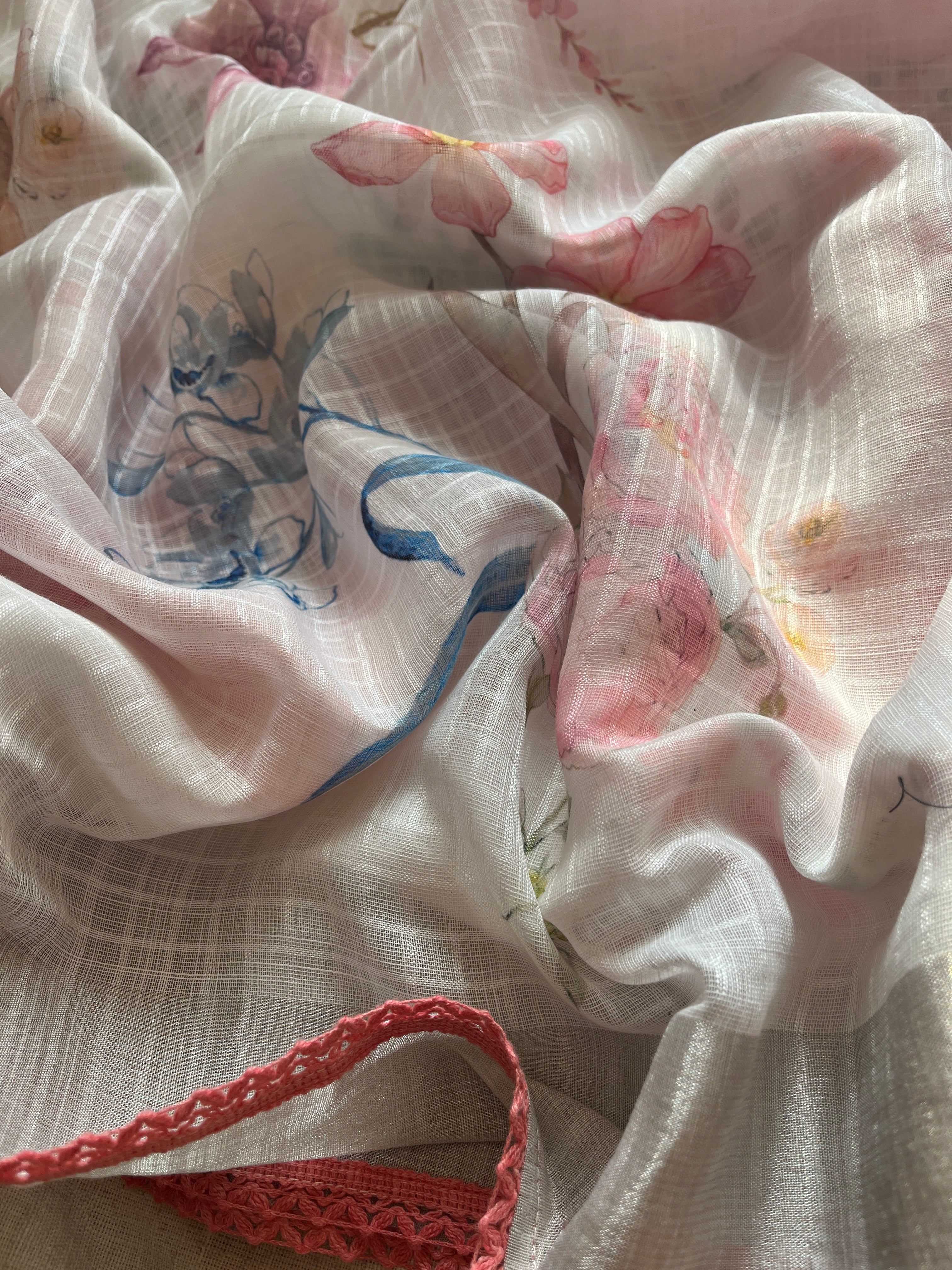 White linen cotton blend with Peach Lace Saree