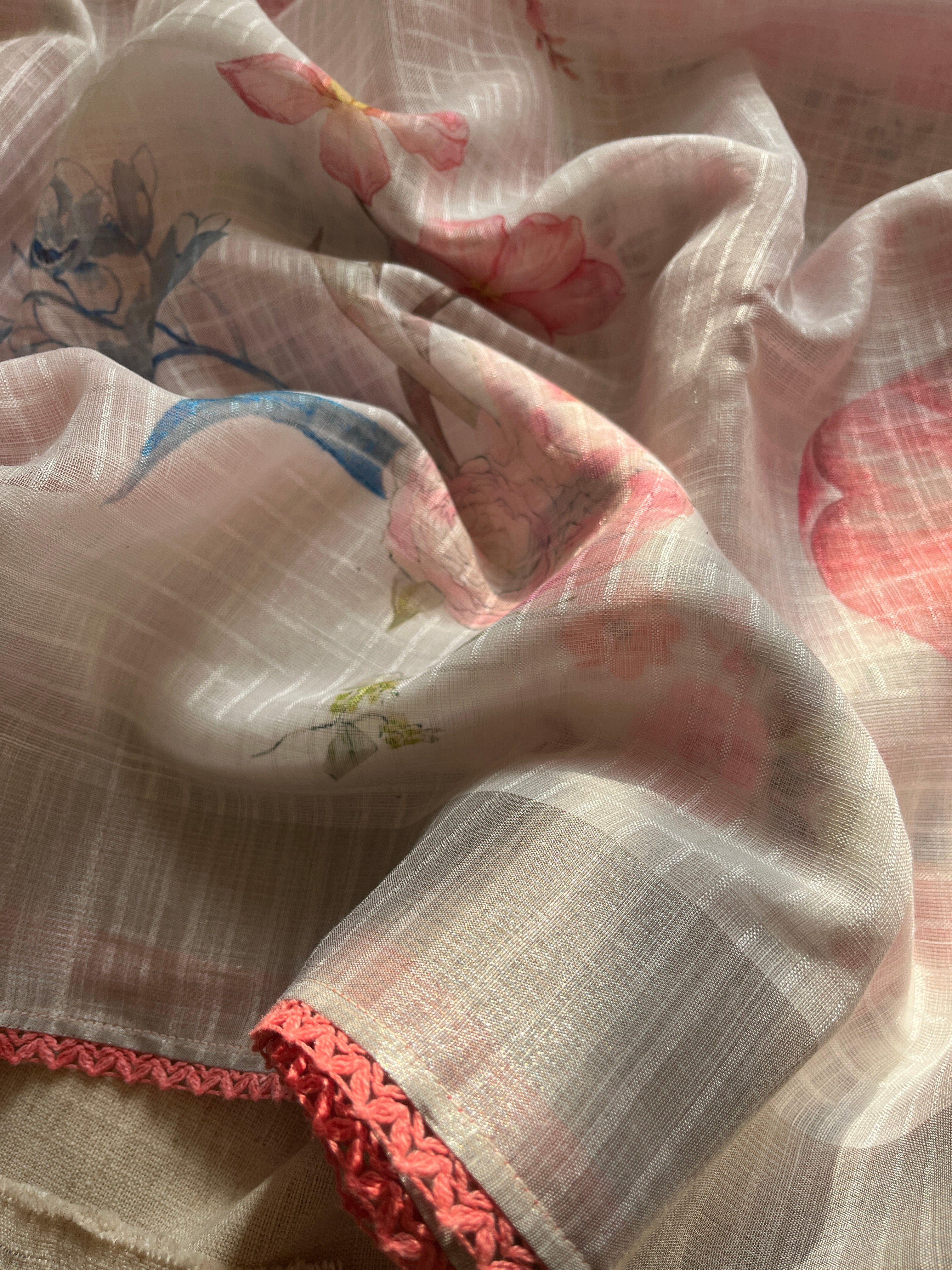 White linen cotton blend with Peach Lace Saree