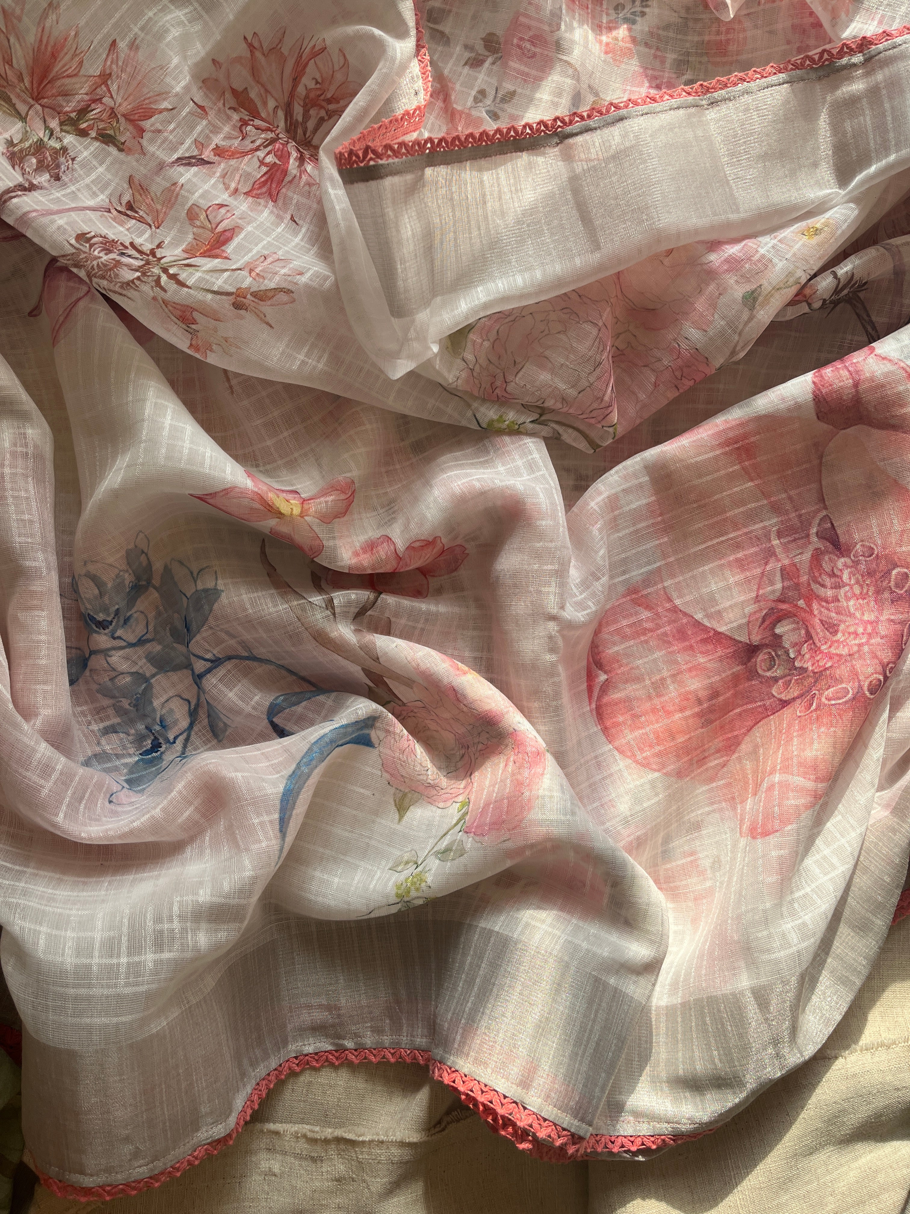 White linen cotton blend with Peach Lace Saree