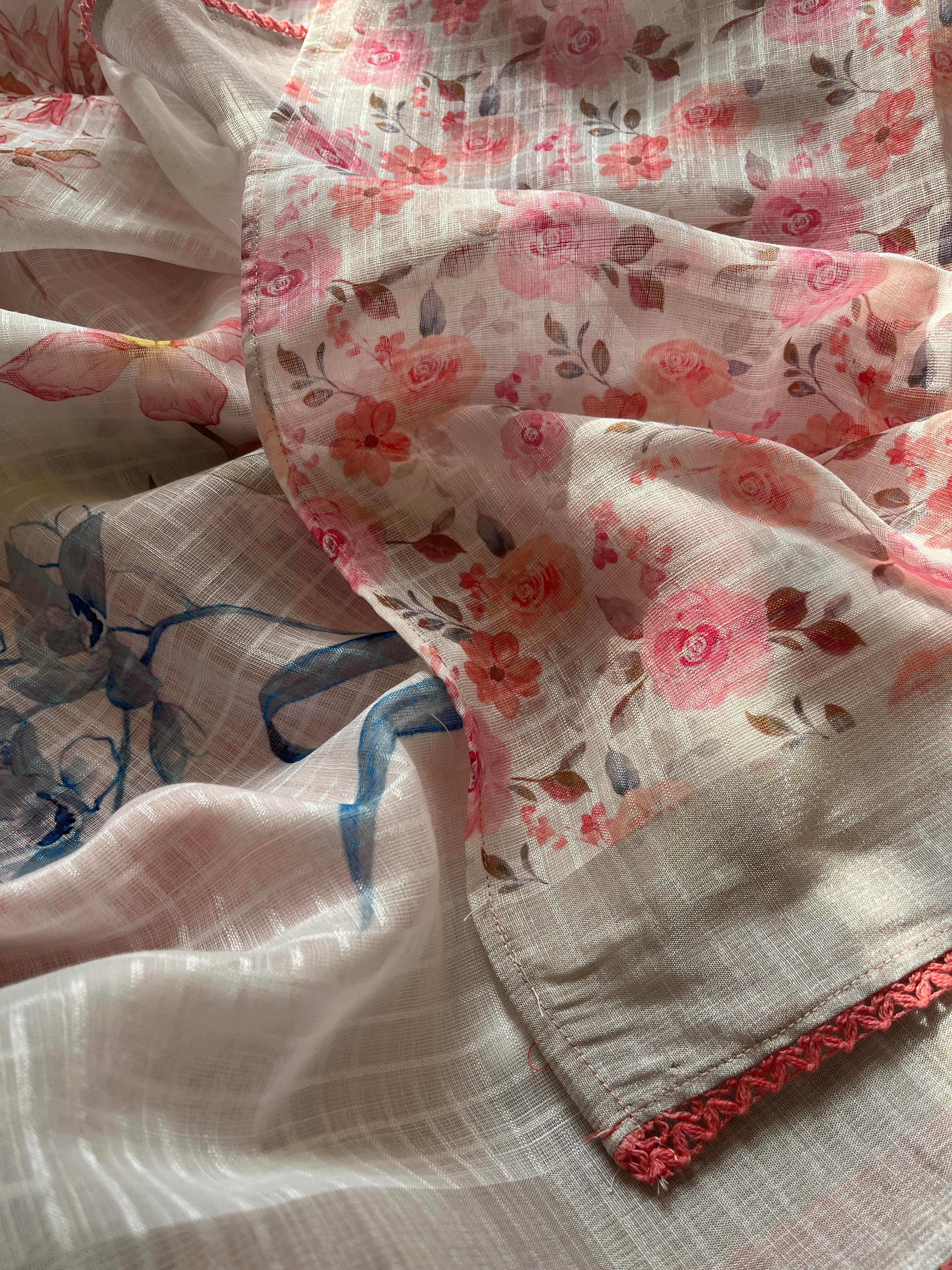 White linen cotton blend with Peach Lace Saree