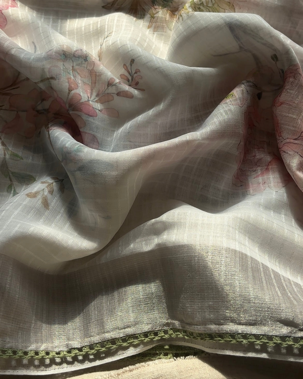 White linen cotton blend with Green Lace Saree