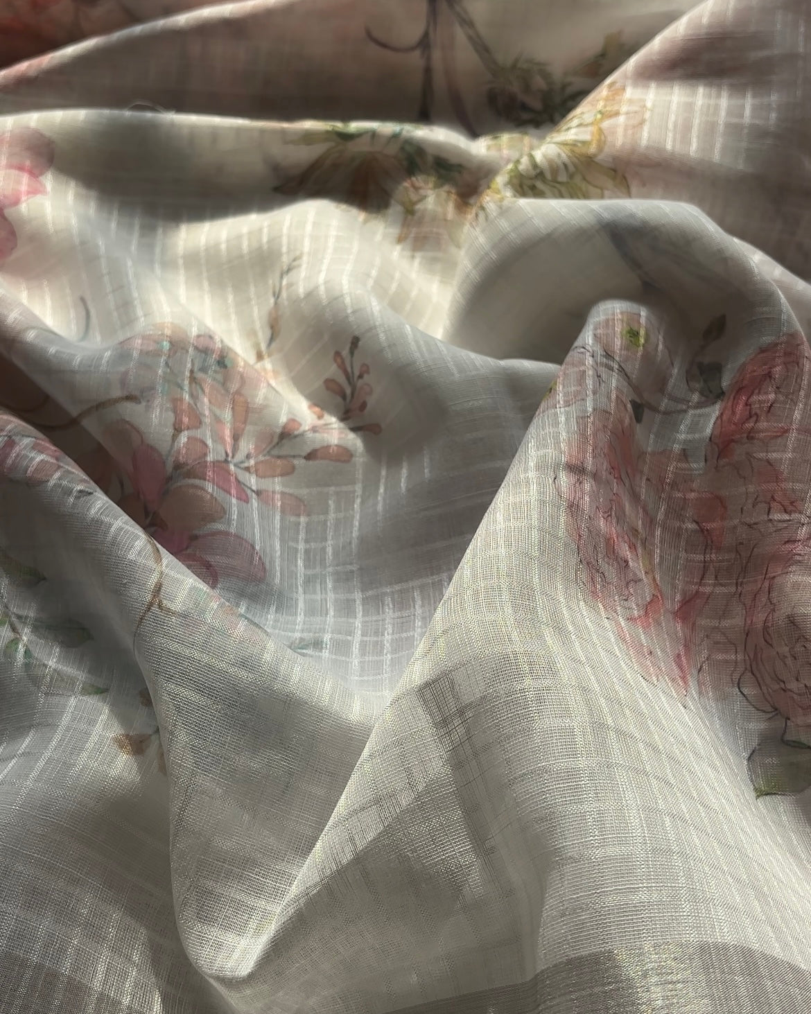 White linen cotton blend with Green Lace Saree