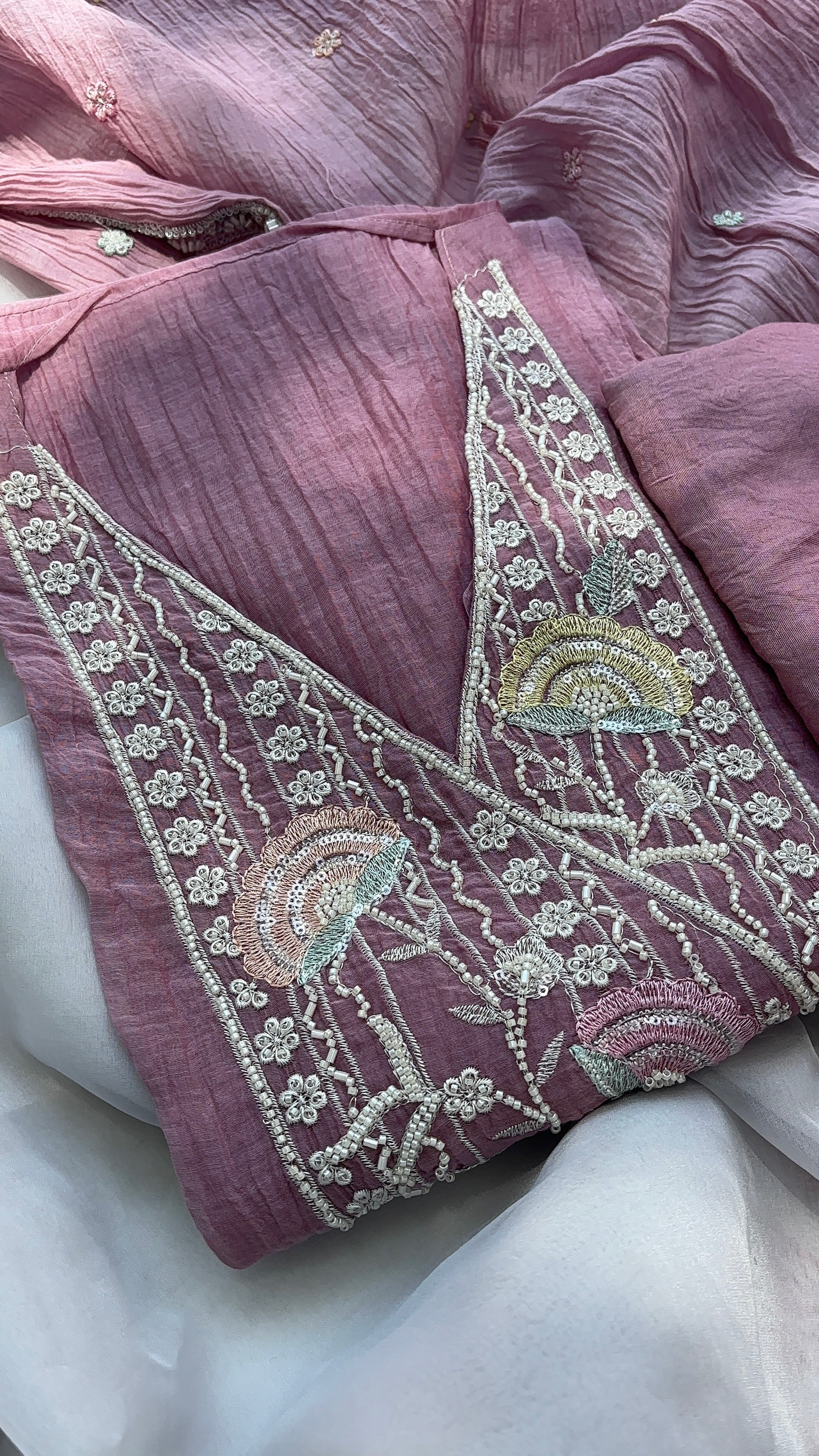 Lavender Crushed pure mul chanderi unstitched suits, Paired with hand-embroidered dupatta, and soft shantoon pants.