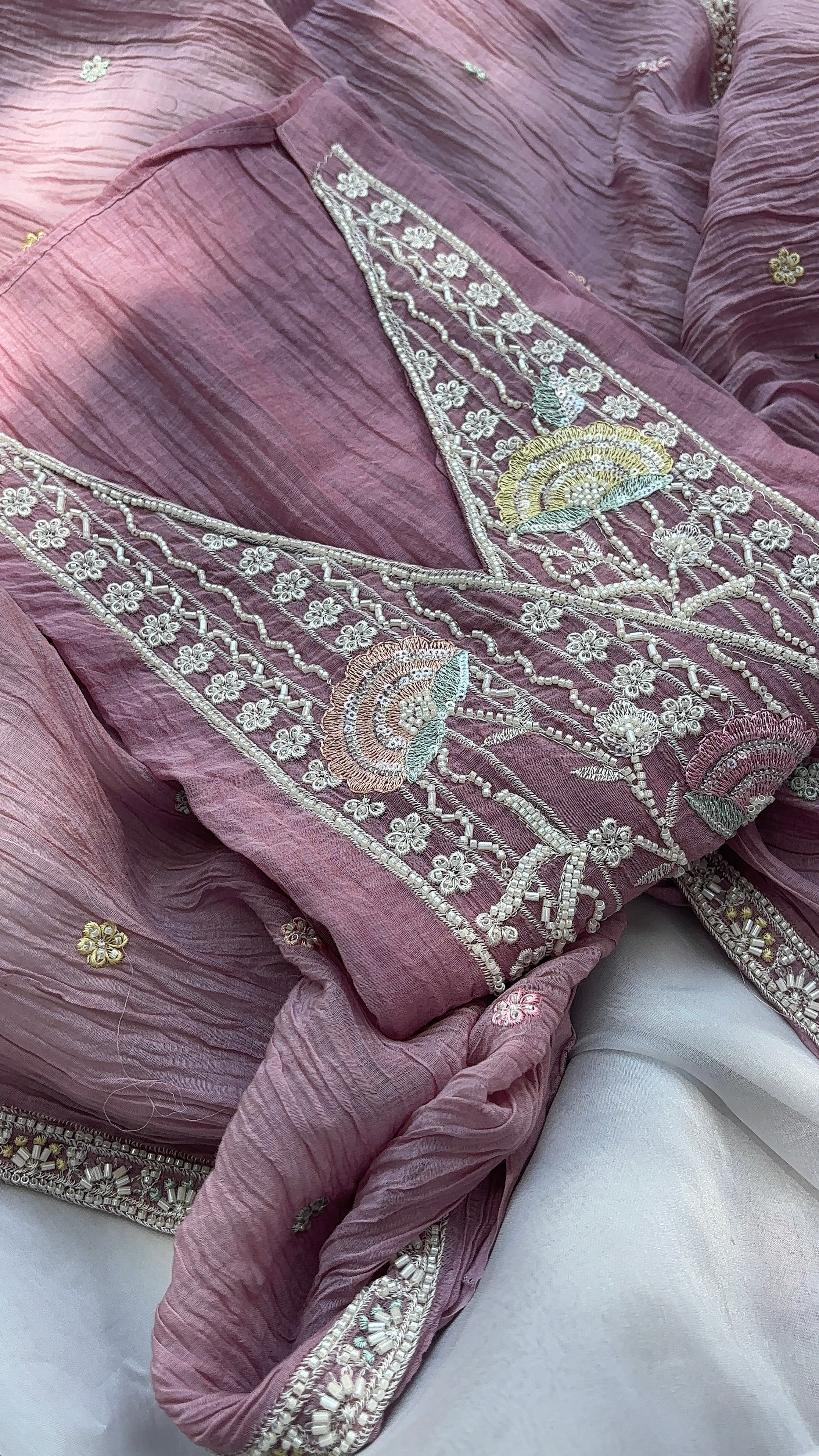 Lavender Crushed pure mul chanderi unstitched suits, Paired with hand-embroidered dupatta, and soft shantoon pants.