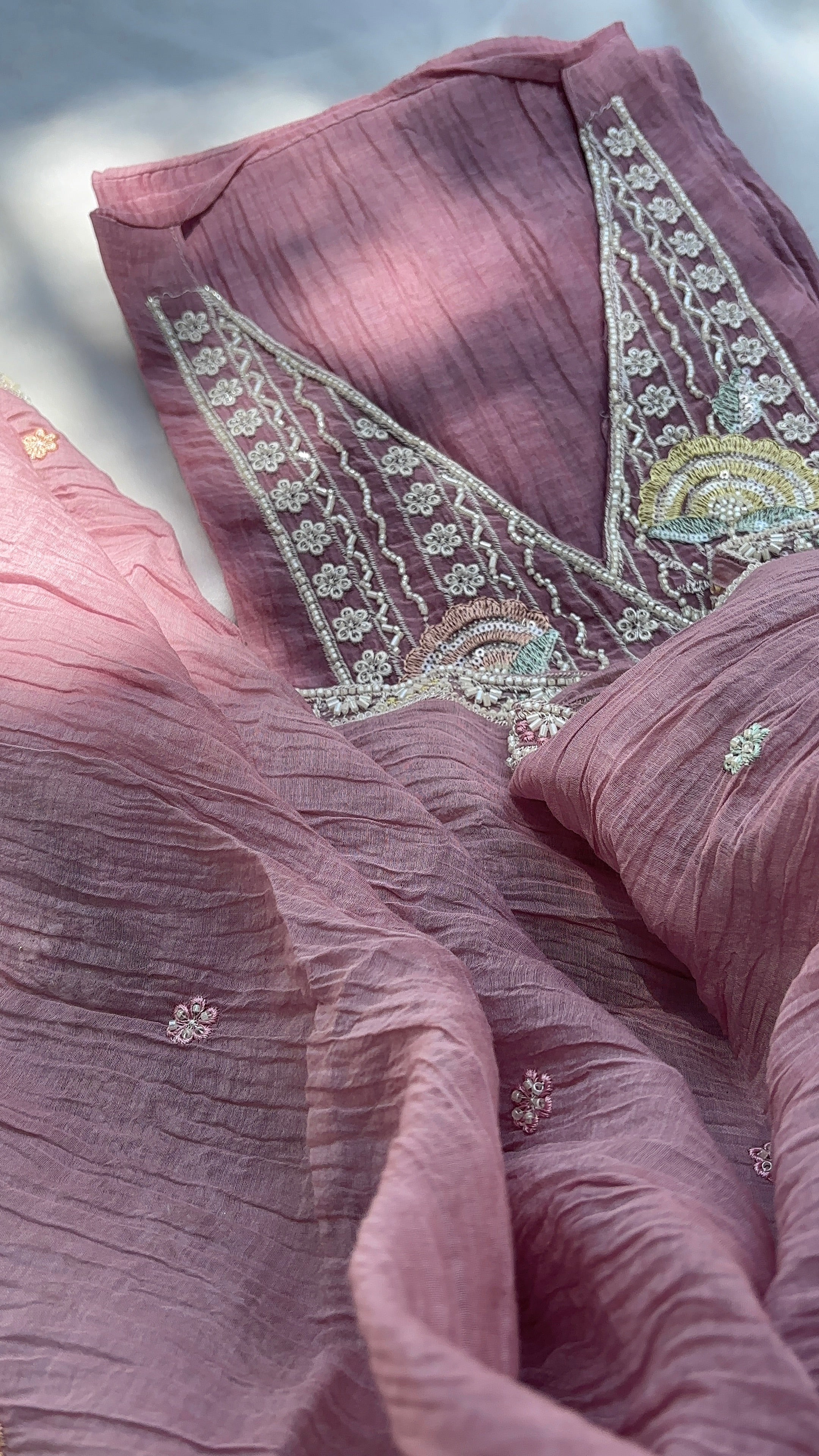 Lavender Crushed pure mul chanderi unstitched suits, Paired with hand-embroidered dupatta, and soft shantoon pants.