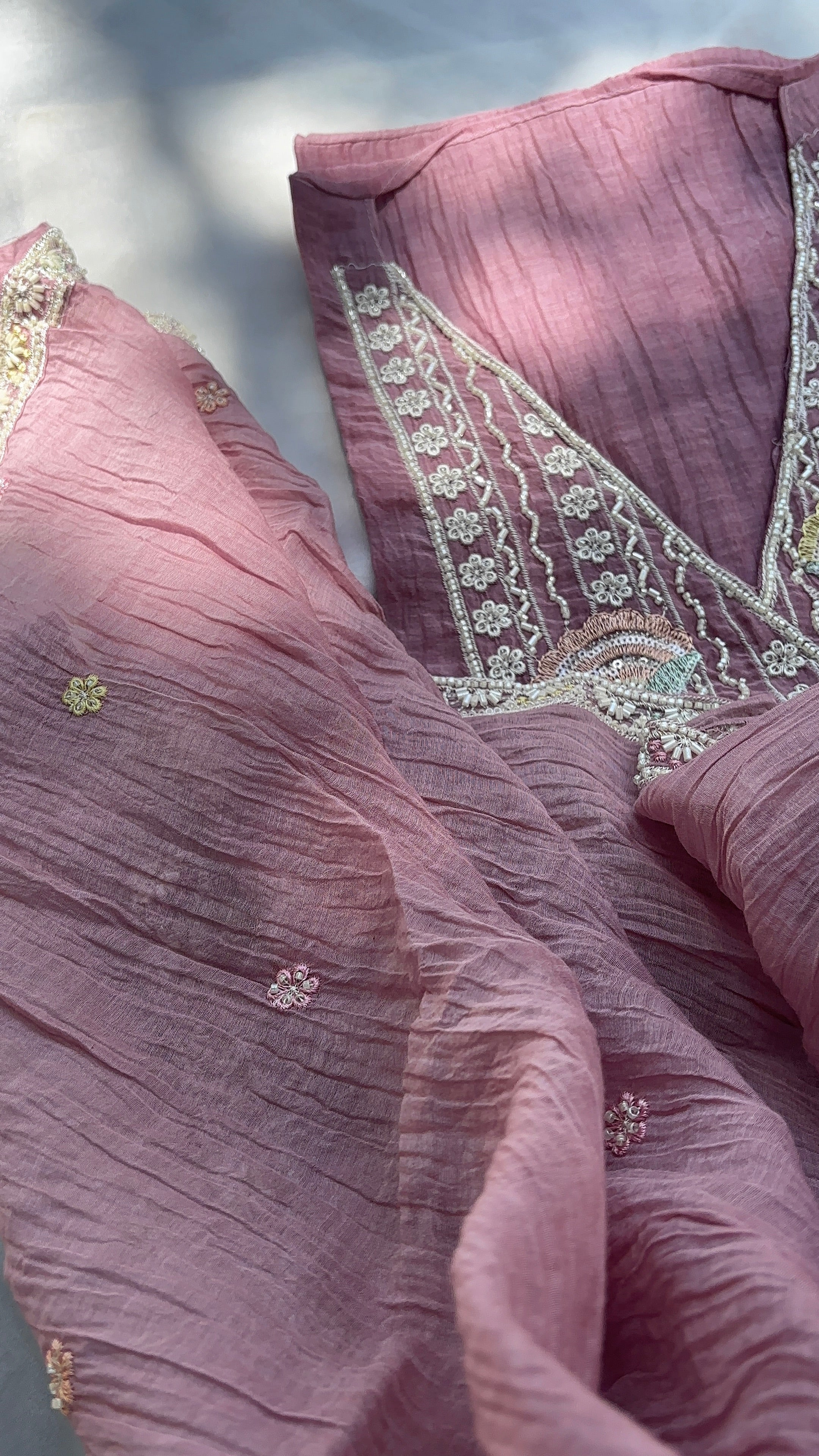 Lavender Crushed pure mul chanderi unstitched suits, Paired with hand-embroidered dupatta, and soft shantoon pants.
