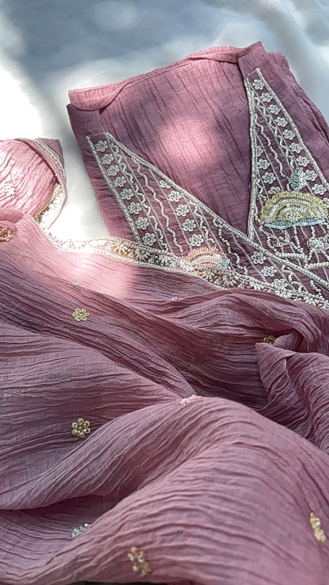 Lavender Crushed pure mul chanderi unstitched suits, Paired with hand-embroidered dupatta, and soft shantoon pants.