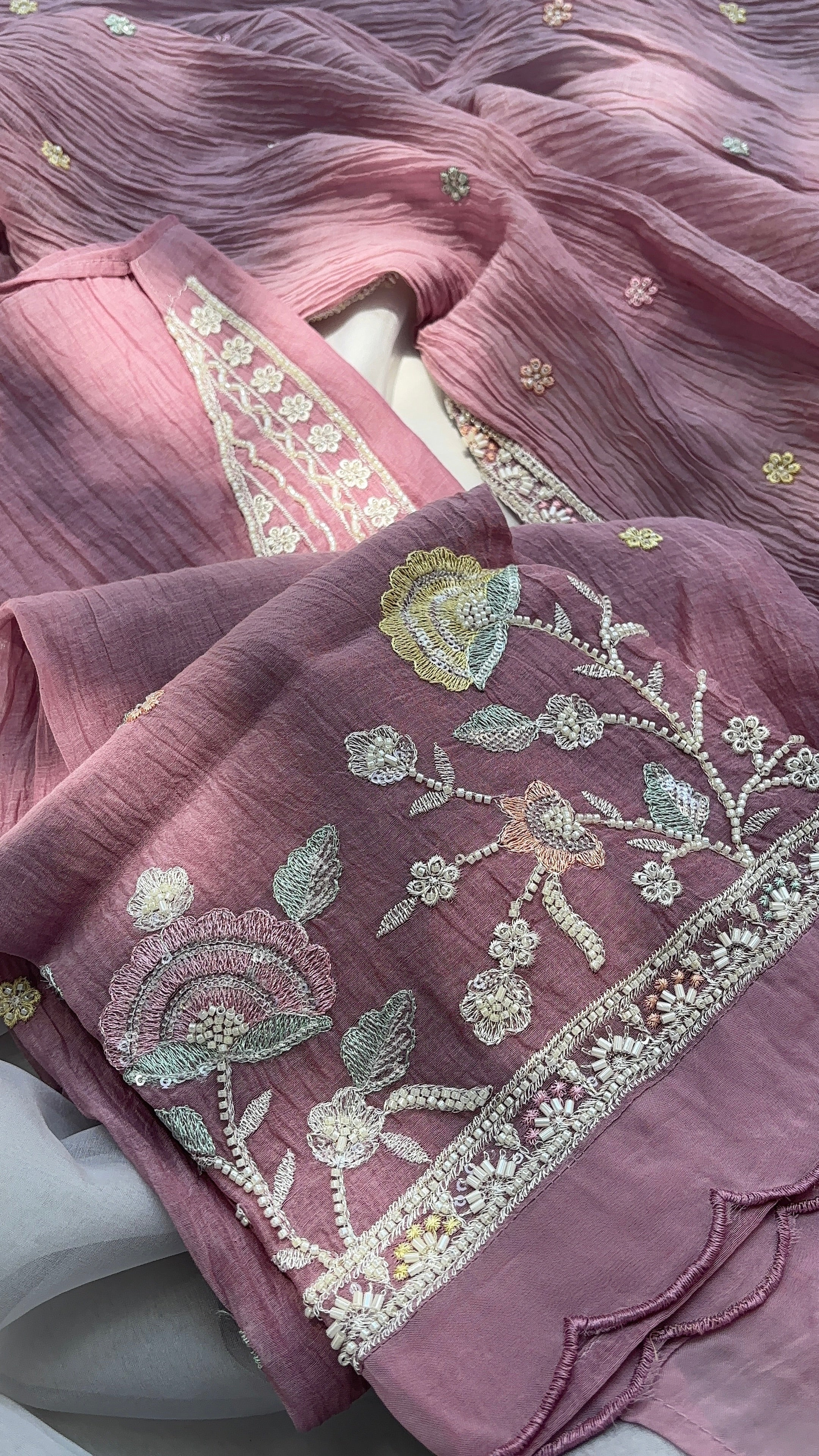 Lavender Crushed pure mul chanderi unstitched suits, Paired with hand-embroidered dupatta, and soft shantoon pants.