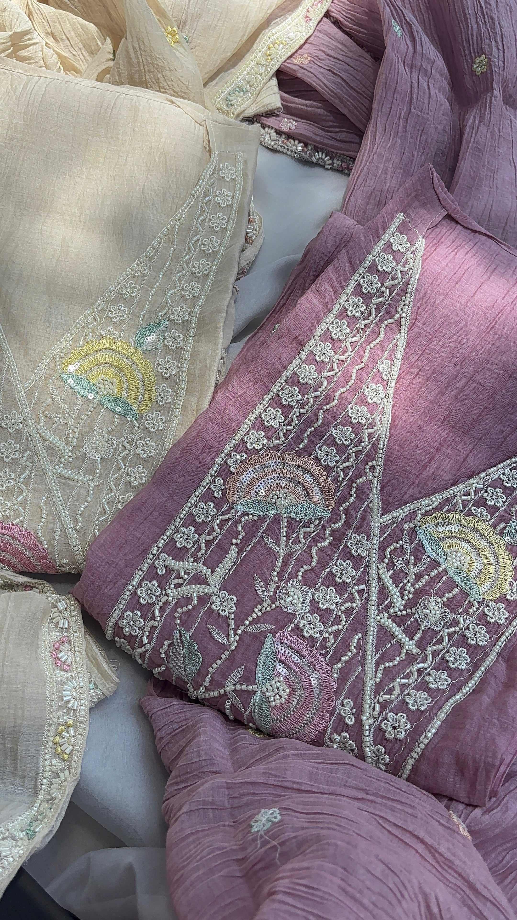 Lavender Crushed pure mul chanderi unstitched suits, Paired with hand-embroidered dupatta, and soft shantoon pants.