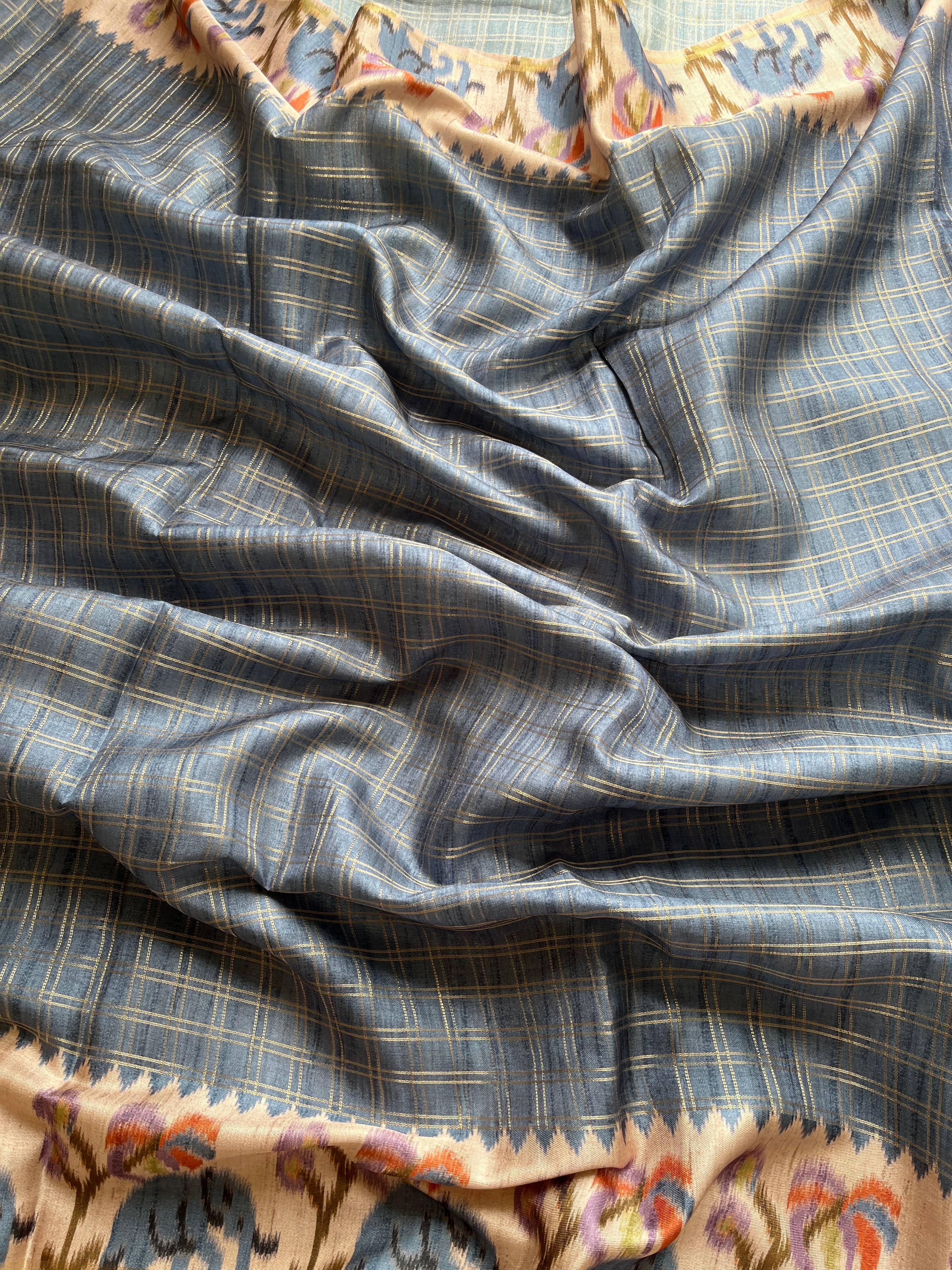 Blue Checks art tussar saree