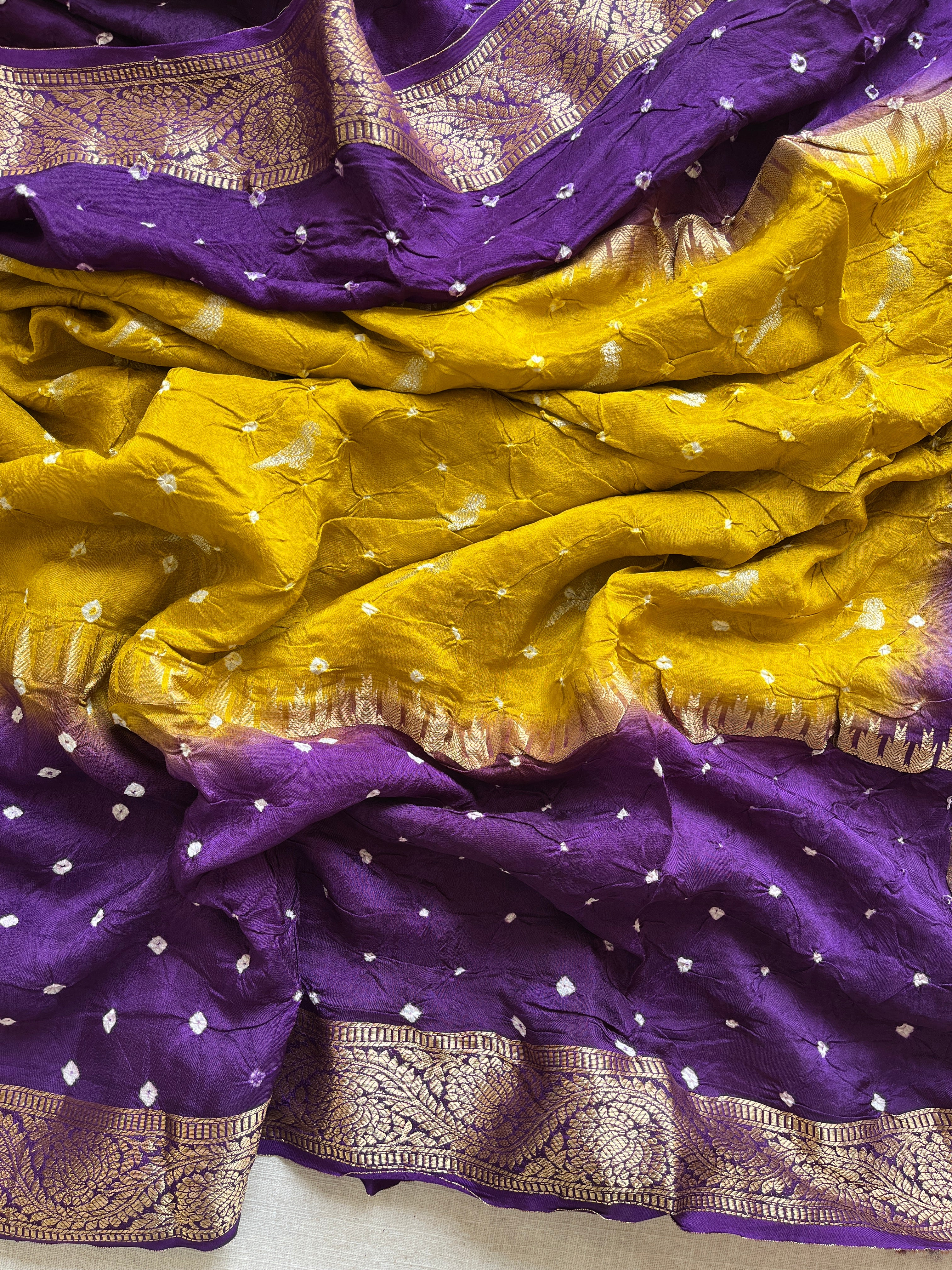 Yellow with purple Bandhini Art Silk Saree