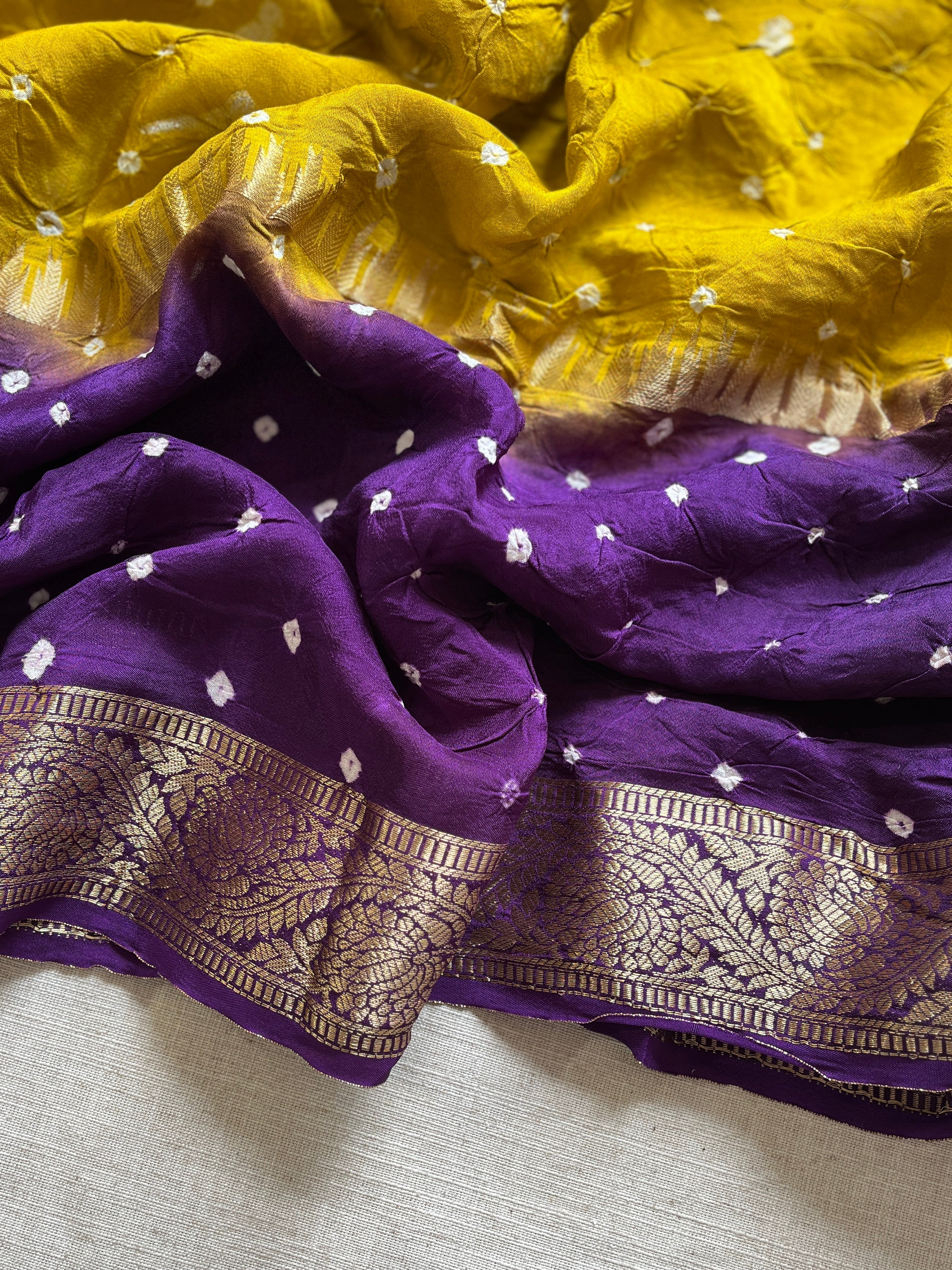 Yellow with purple Bandhini Art Silk Saree