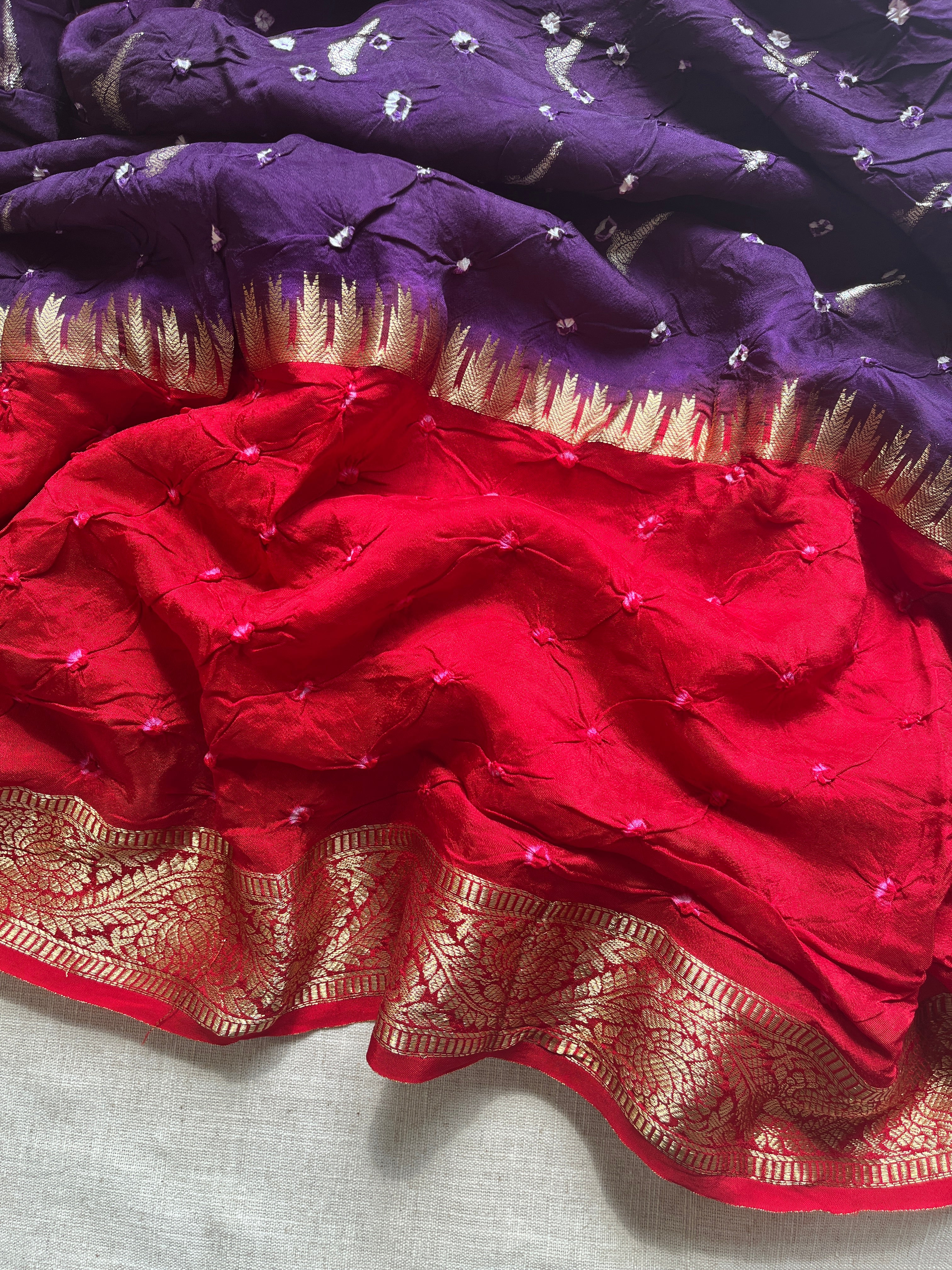 Purple with Red Bandhini Art Silk Saree