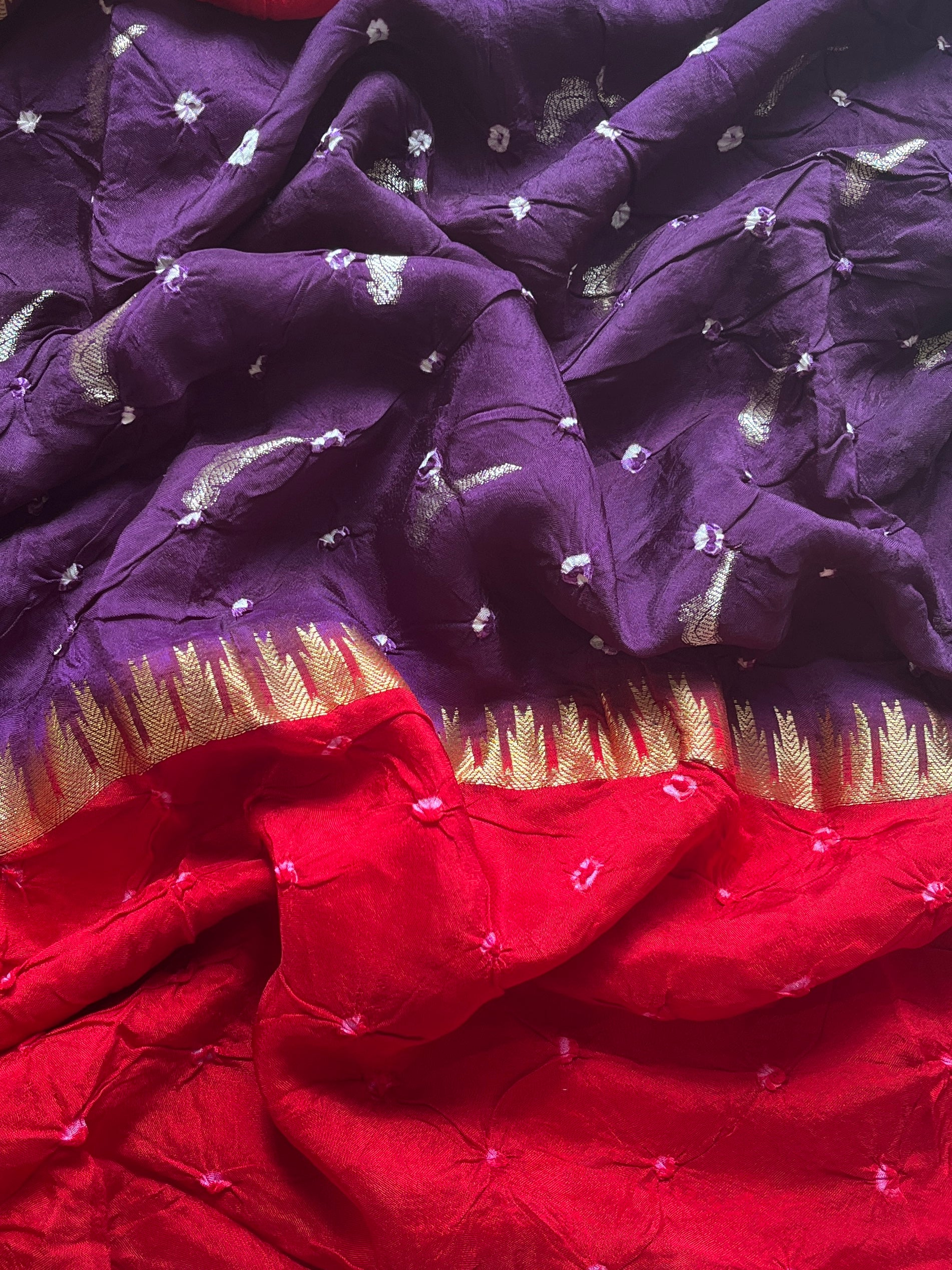 Purple with Red Bandhini Art Silk Saree