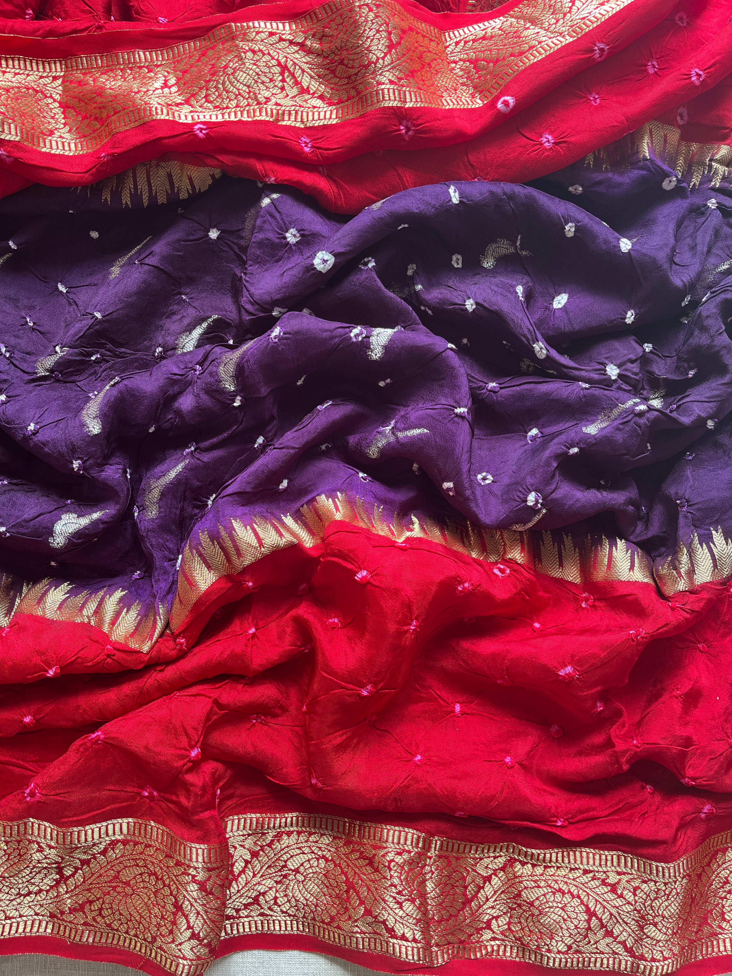 Purple with Red Bandhini Art Silk Saree