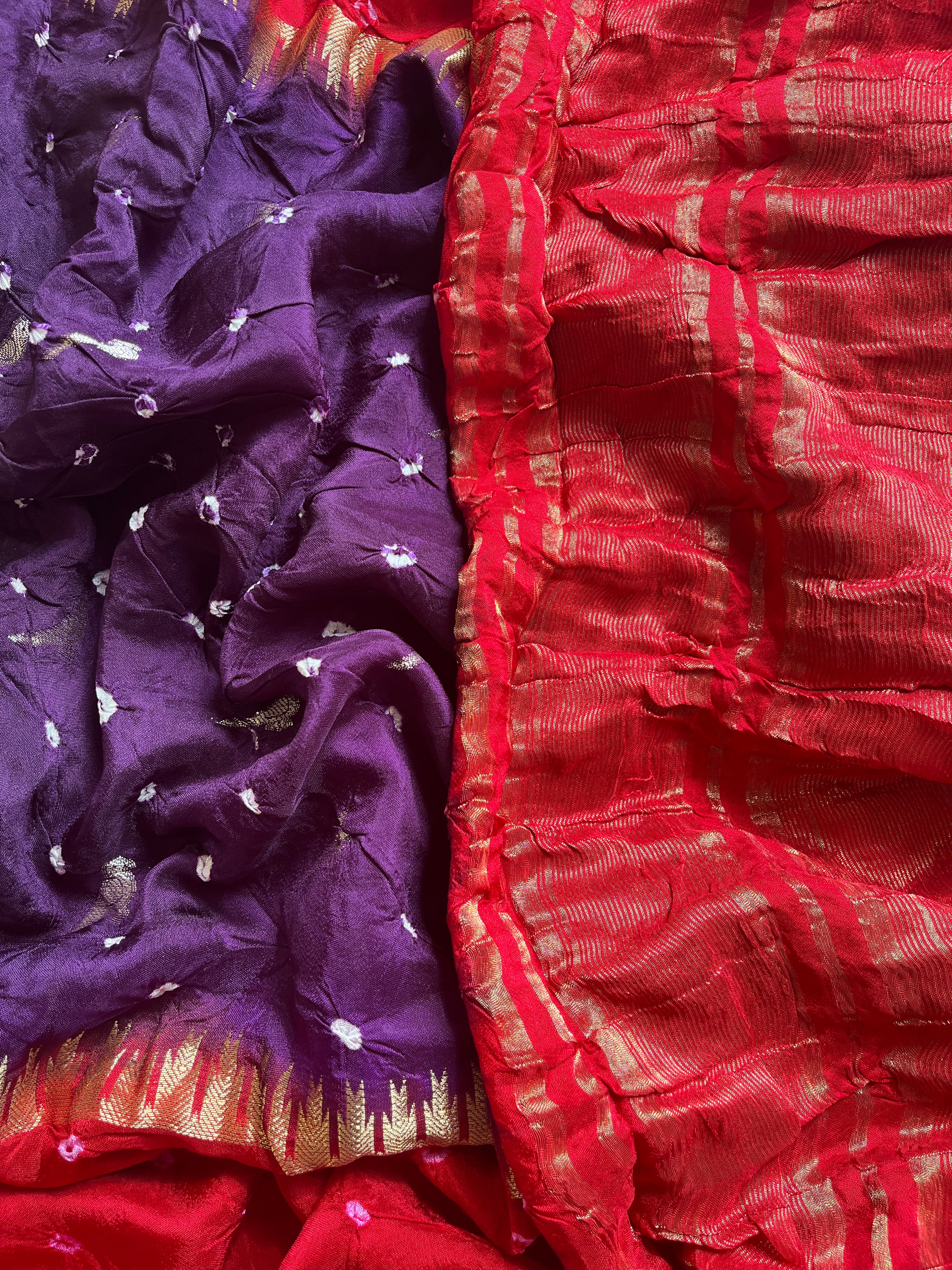 Purple with Red Bandhini Art Silk Saree