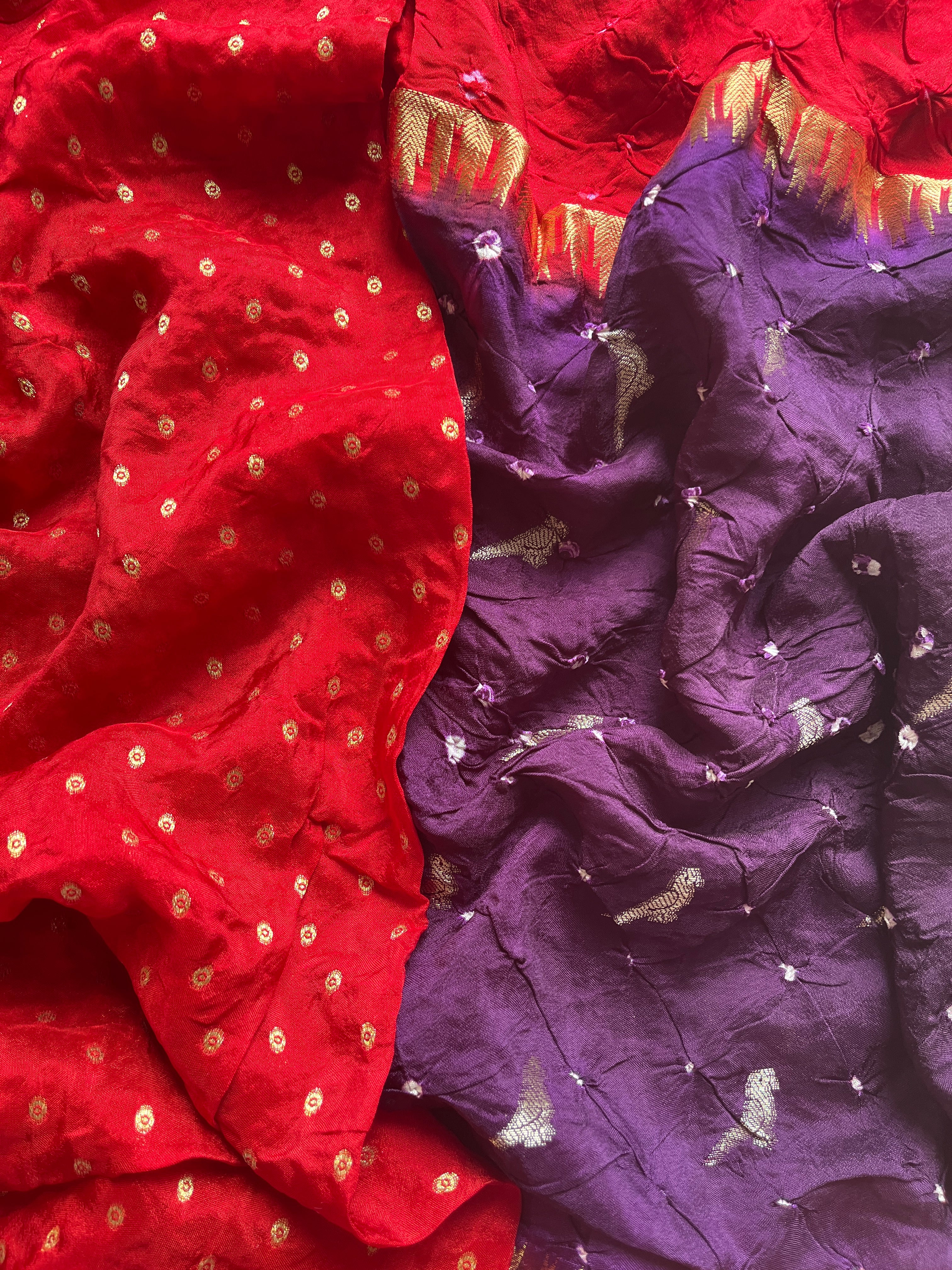 Purple with Red Bandhini Art Silk Saree