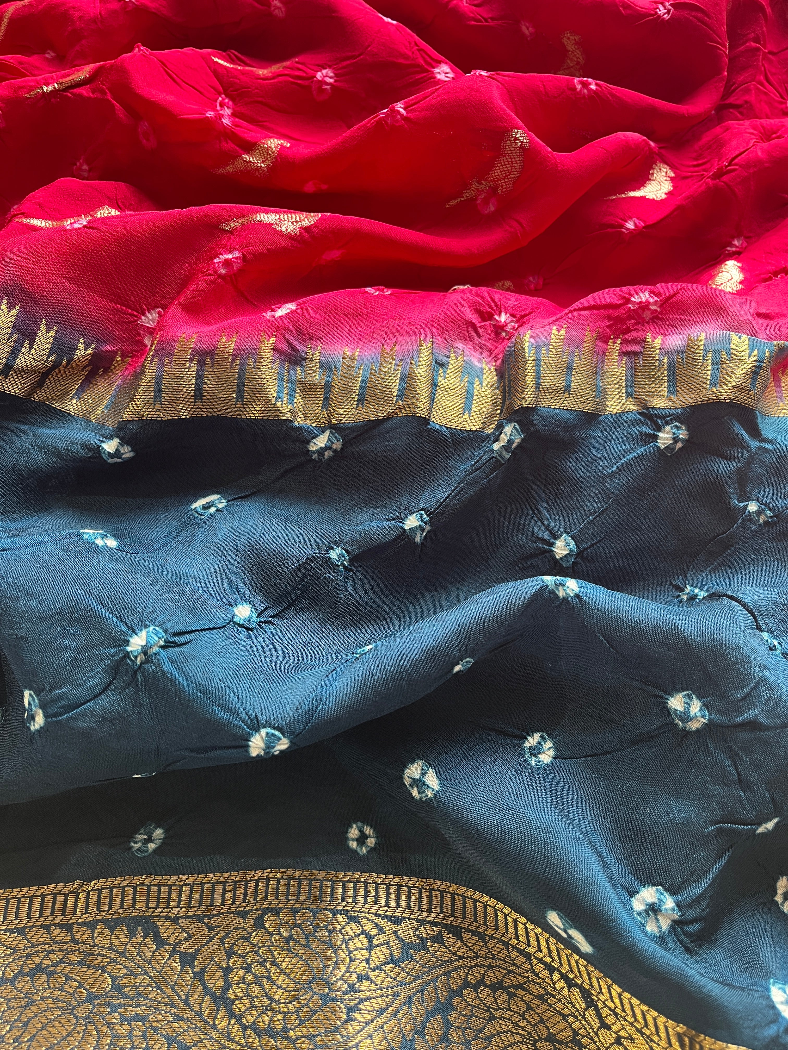 Pink with Blue Bandhini Art Silk Saree