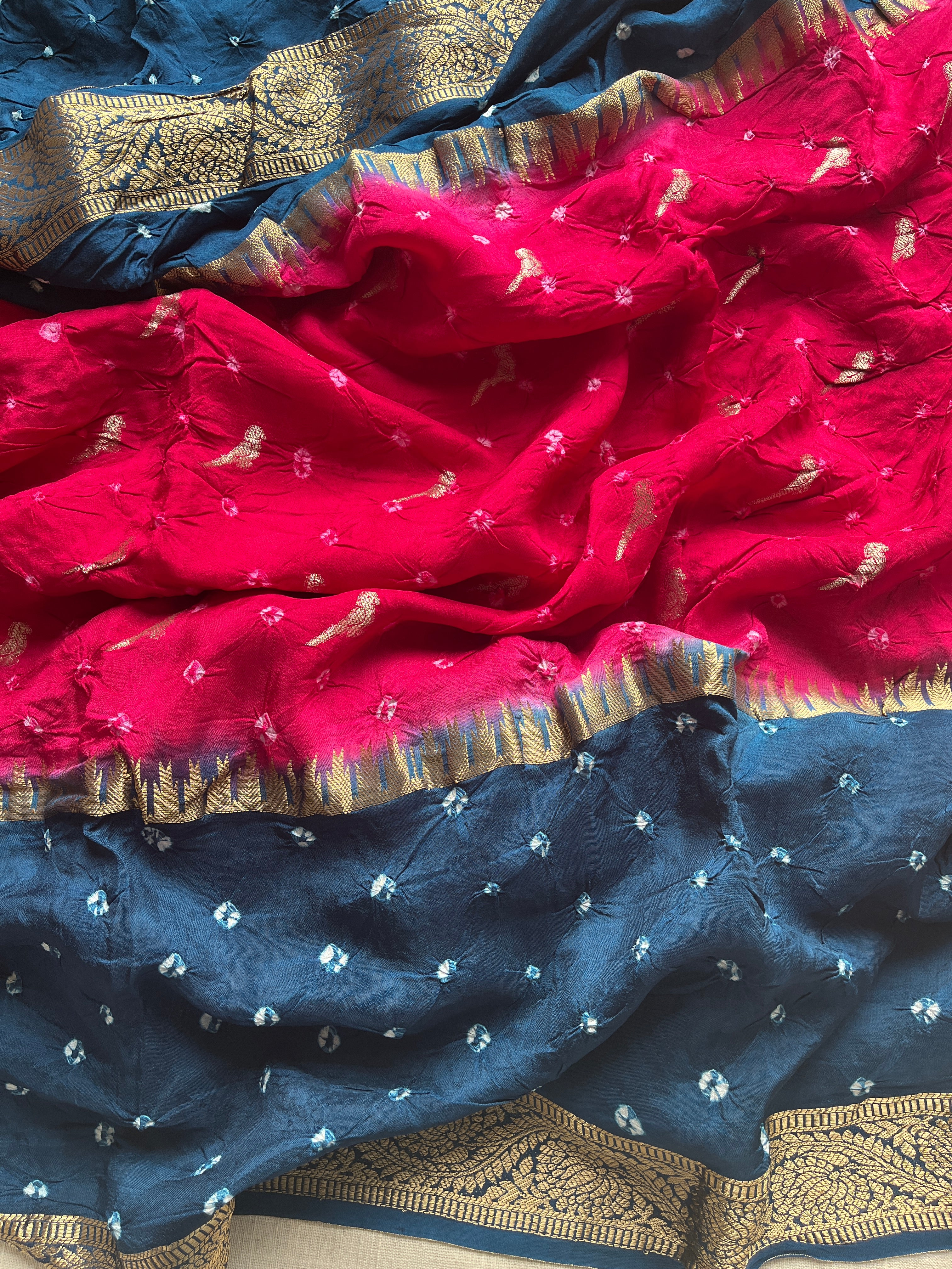 Pink with Blue Bandhini Art Silk Saree