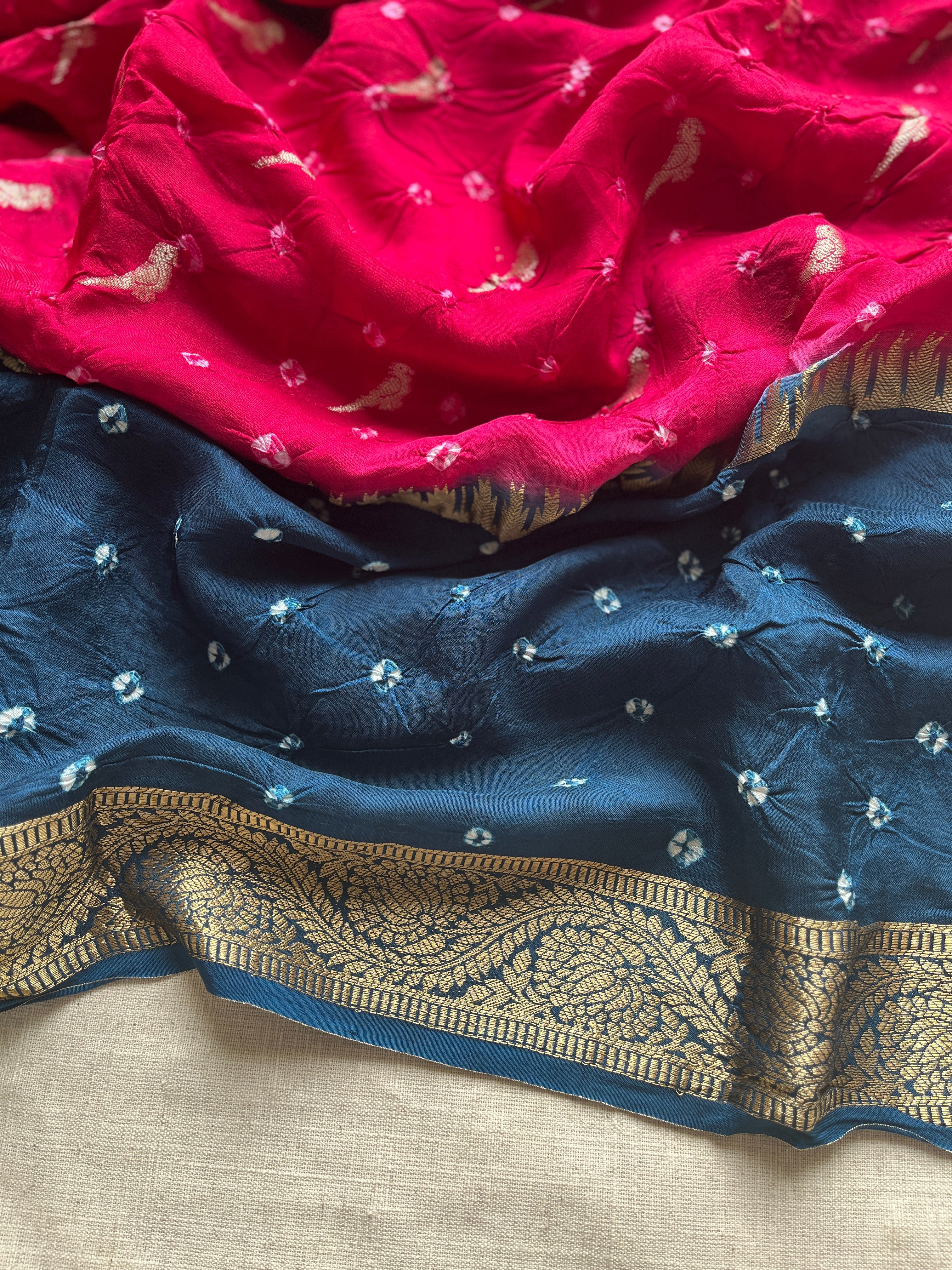 Pink with Blue Bandhini Art Silk Saree