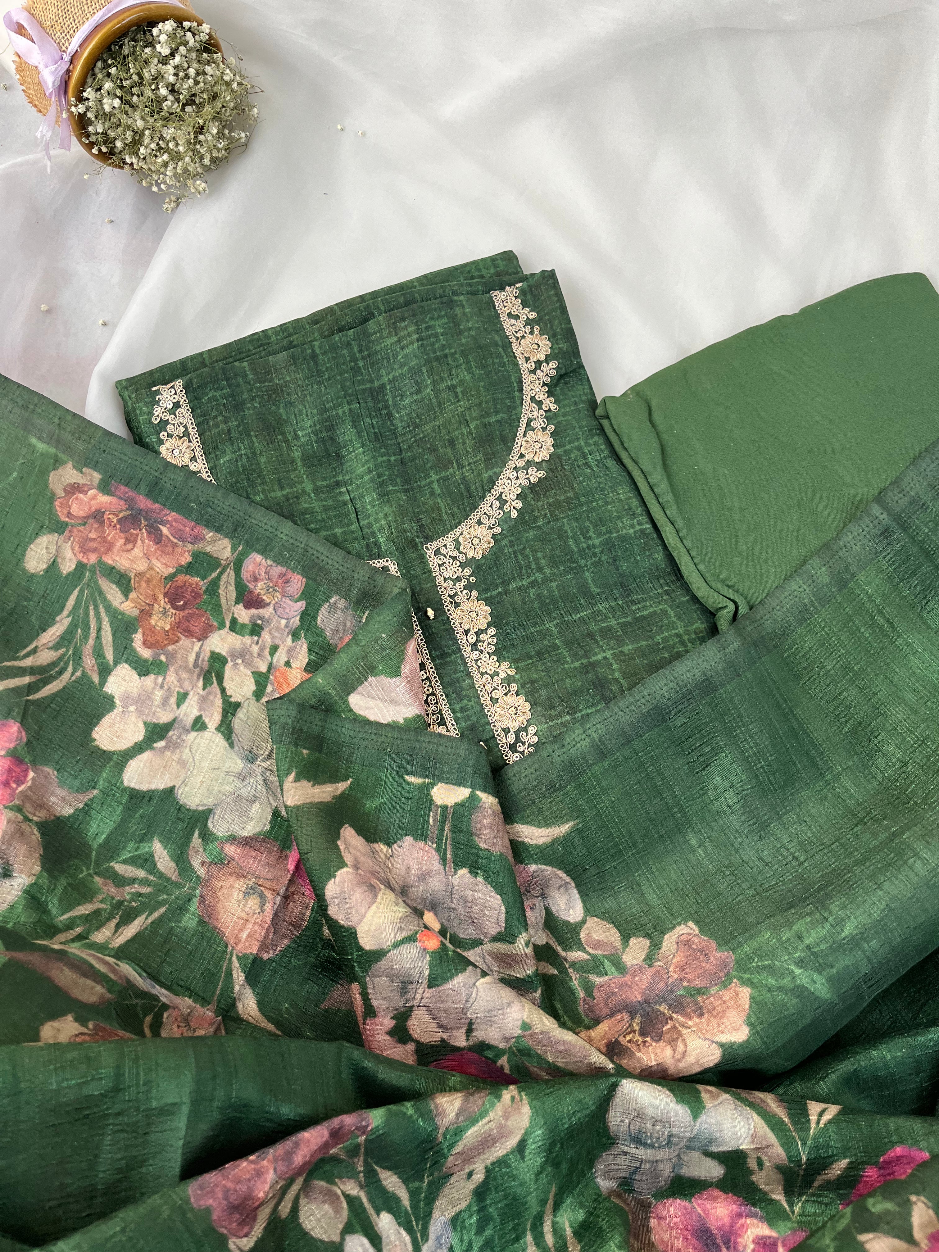 Green Semi Tussar Semi Stitched Salwar