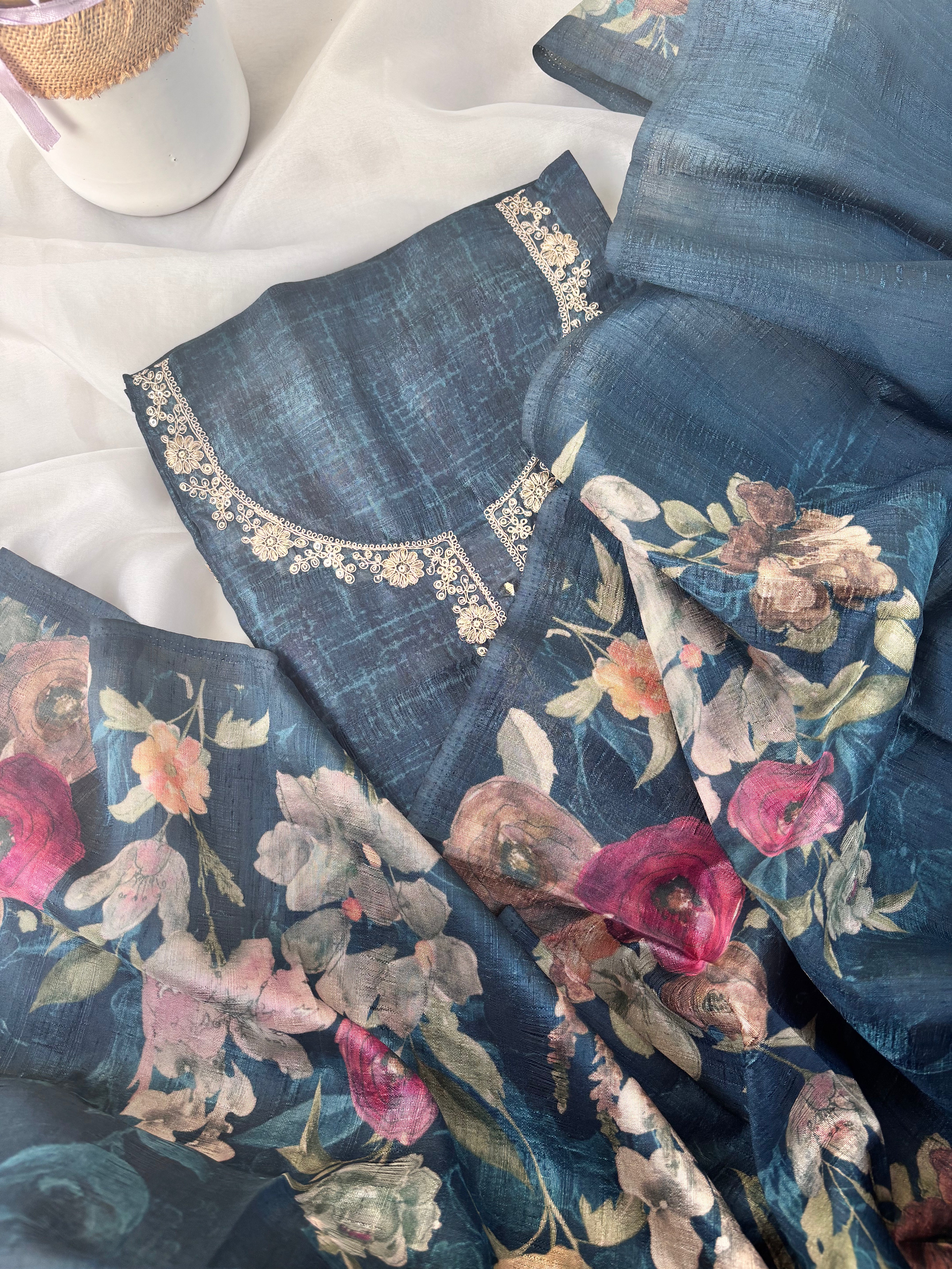 Blue Semi Tussar Semi Stitched Salwar