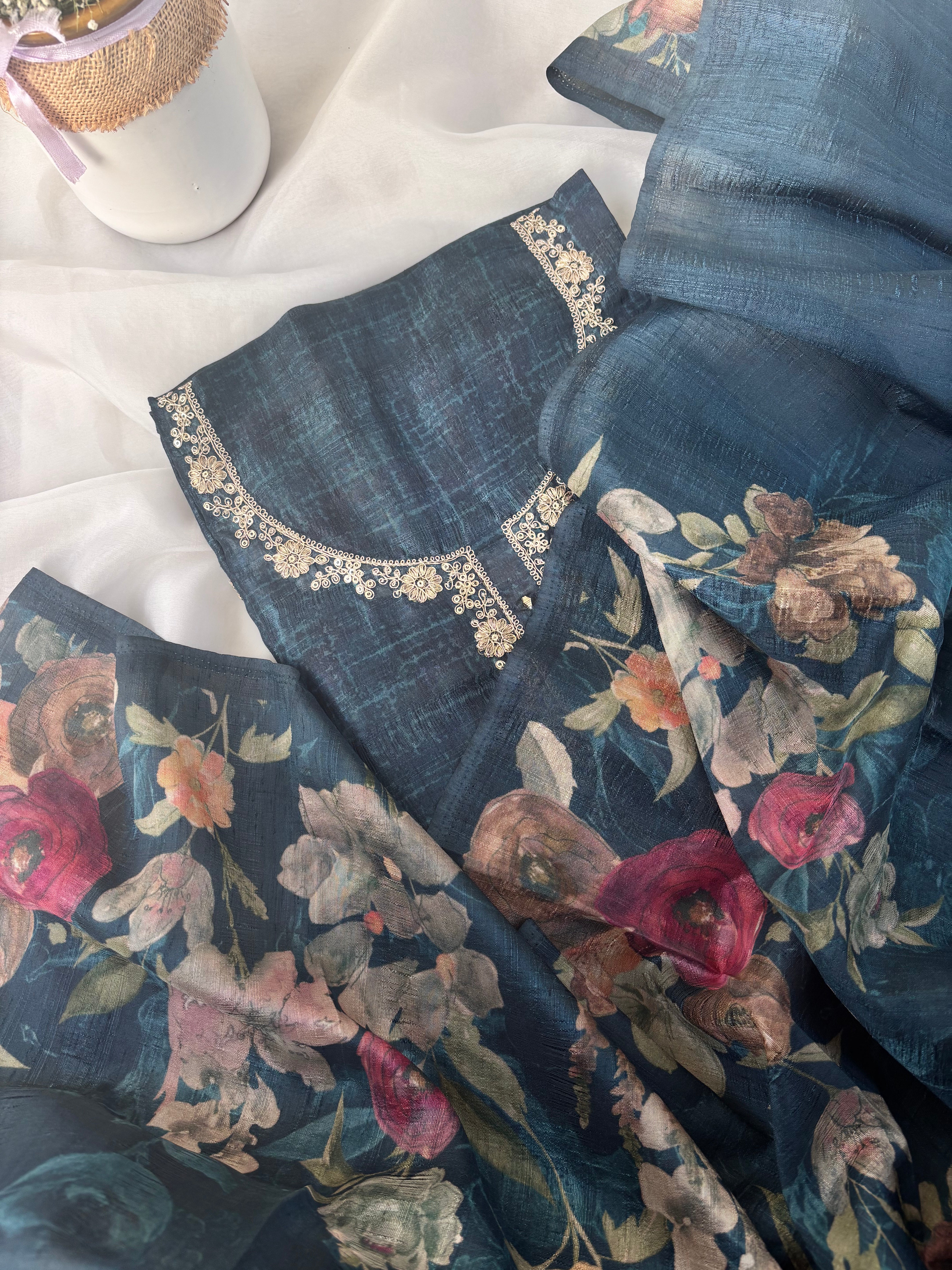 Blue Semi Tussar Semi Stitched Salwar