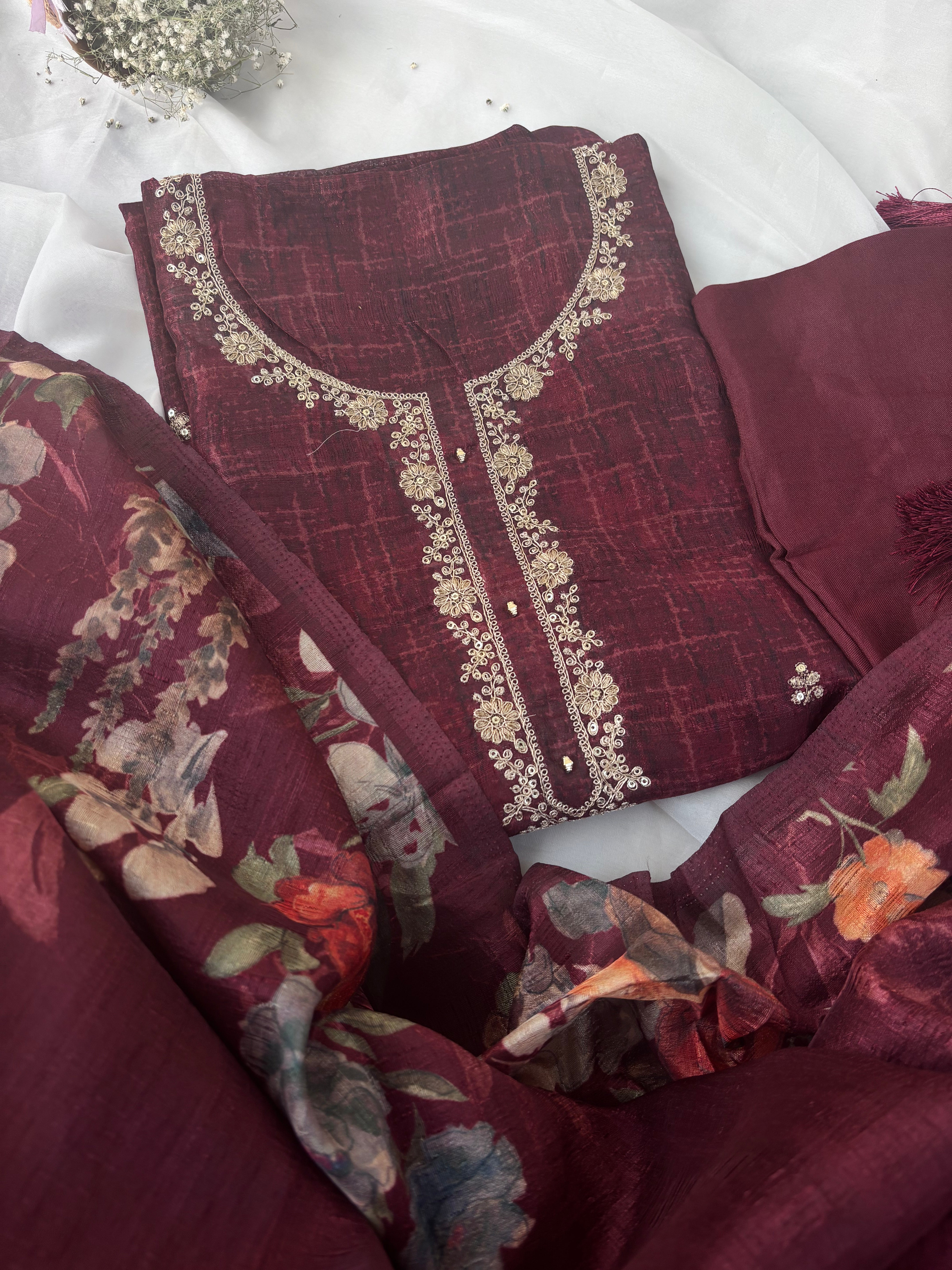 Maroon Semi Tussar Semi Stitched Salwar