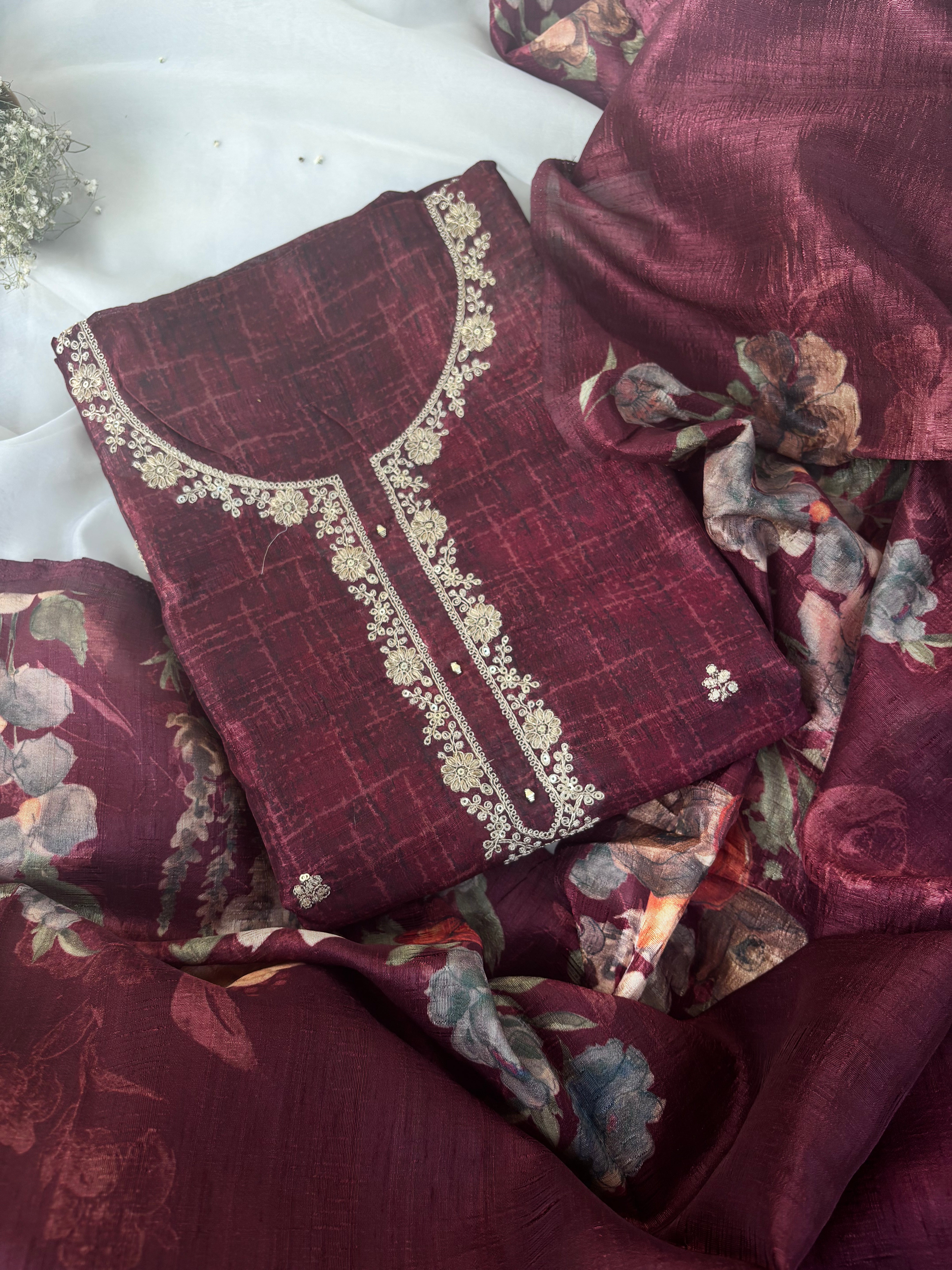 Maroon Semi Tussar Semi Stitched Salwar