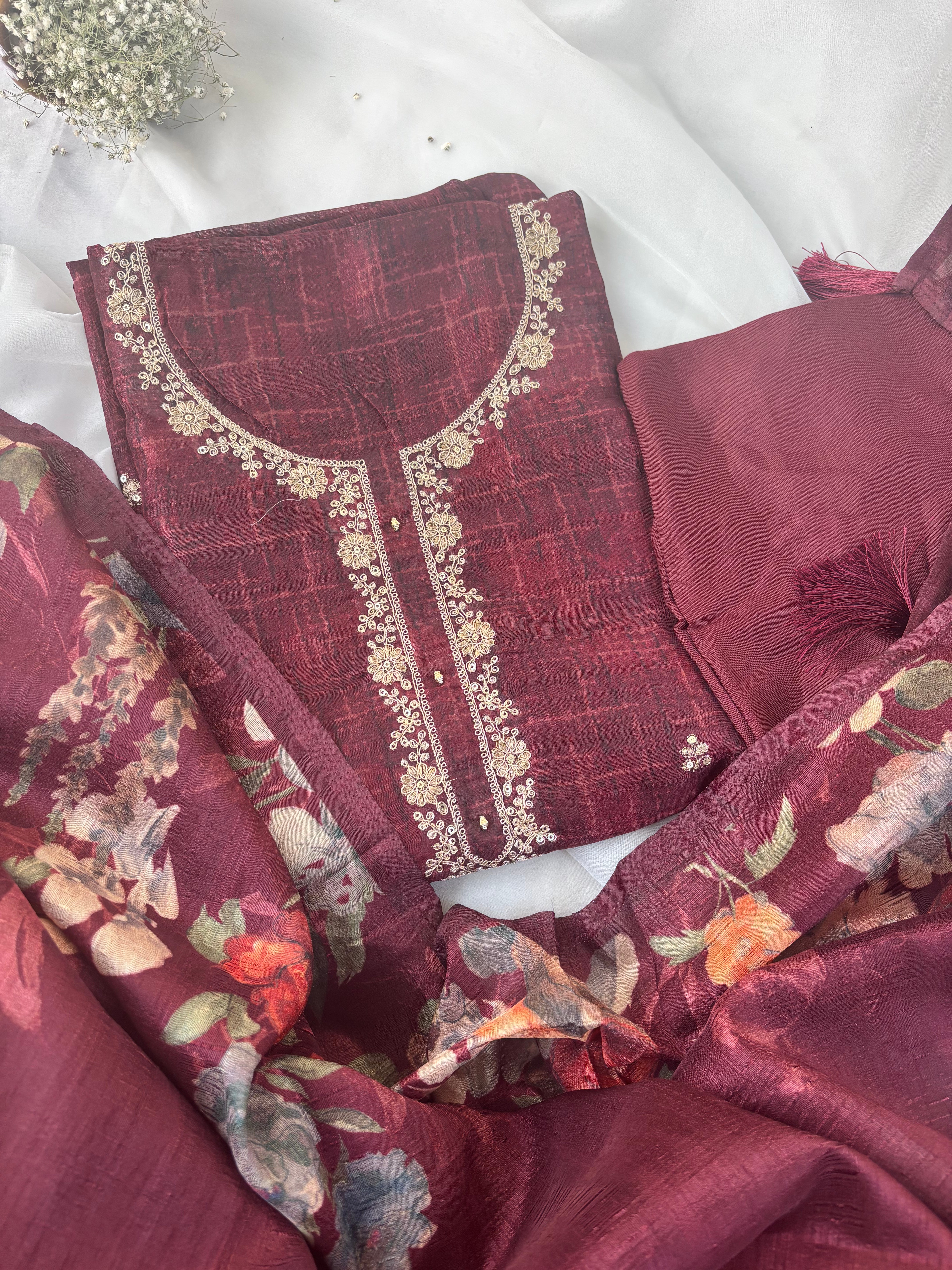 Maroon Semi Tussar Semi Stitched Salwar