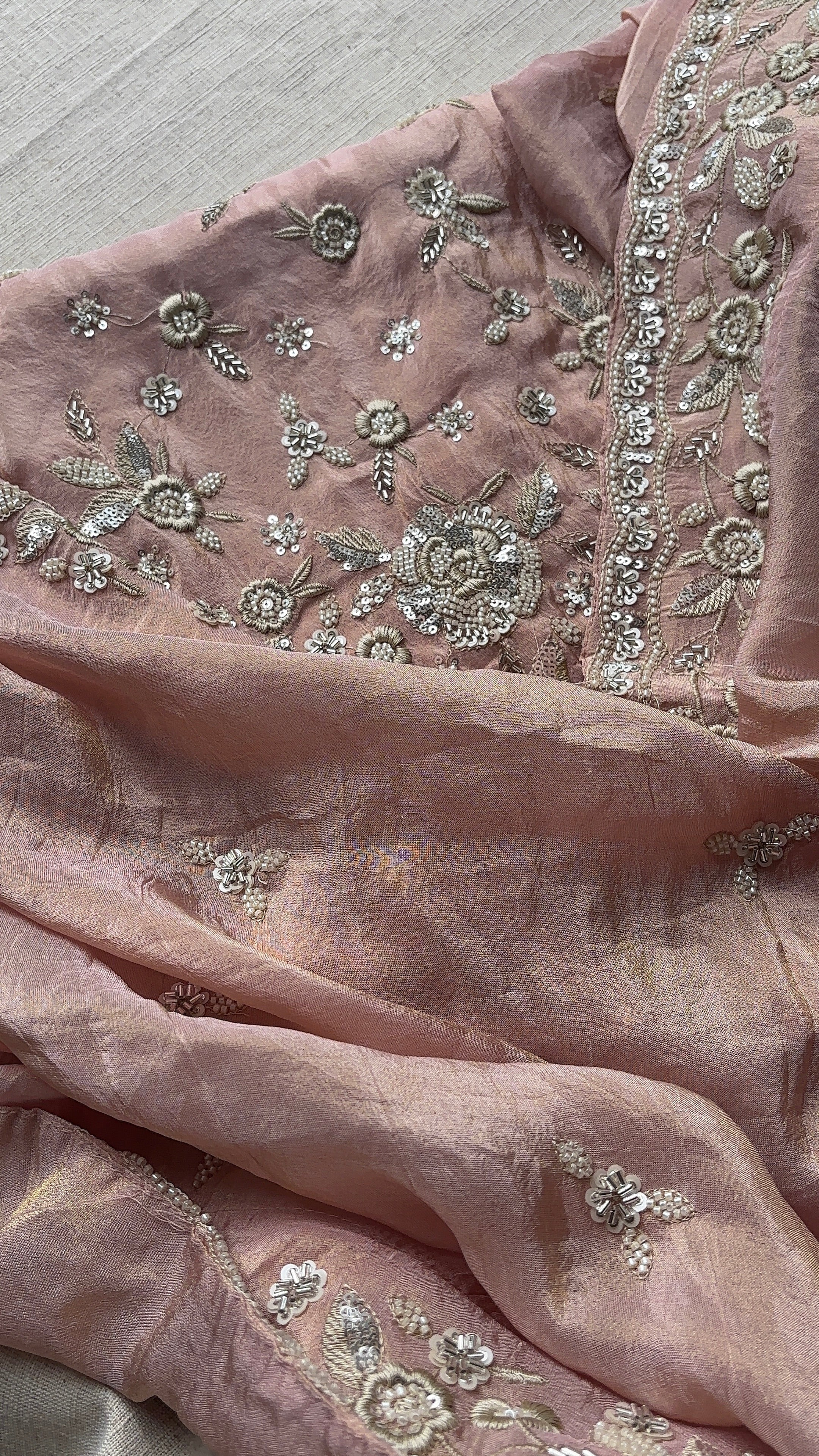 Peach Tissue embroidered salwar unstitched suits