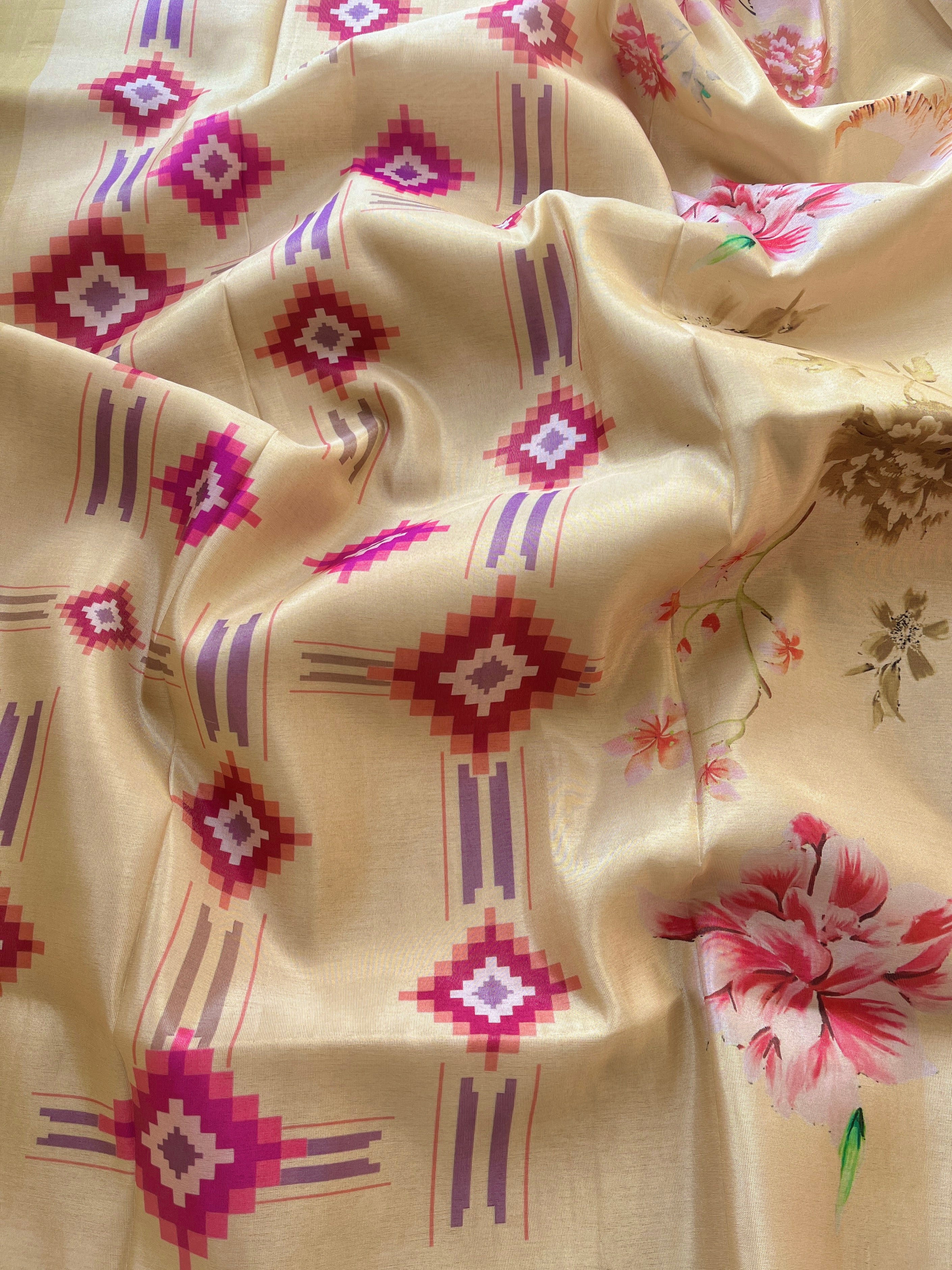 Yellow Tussar floral printed saree